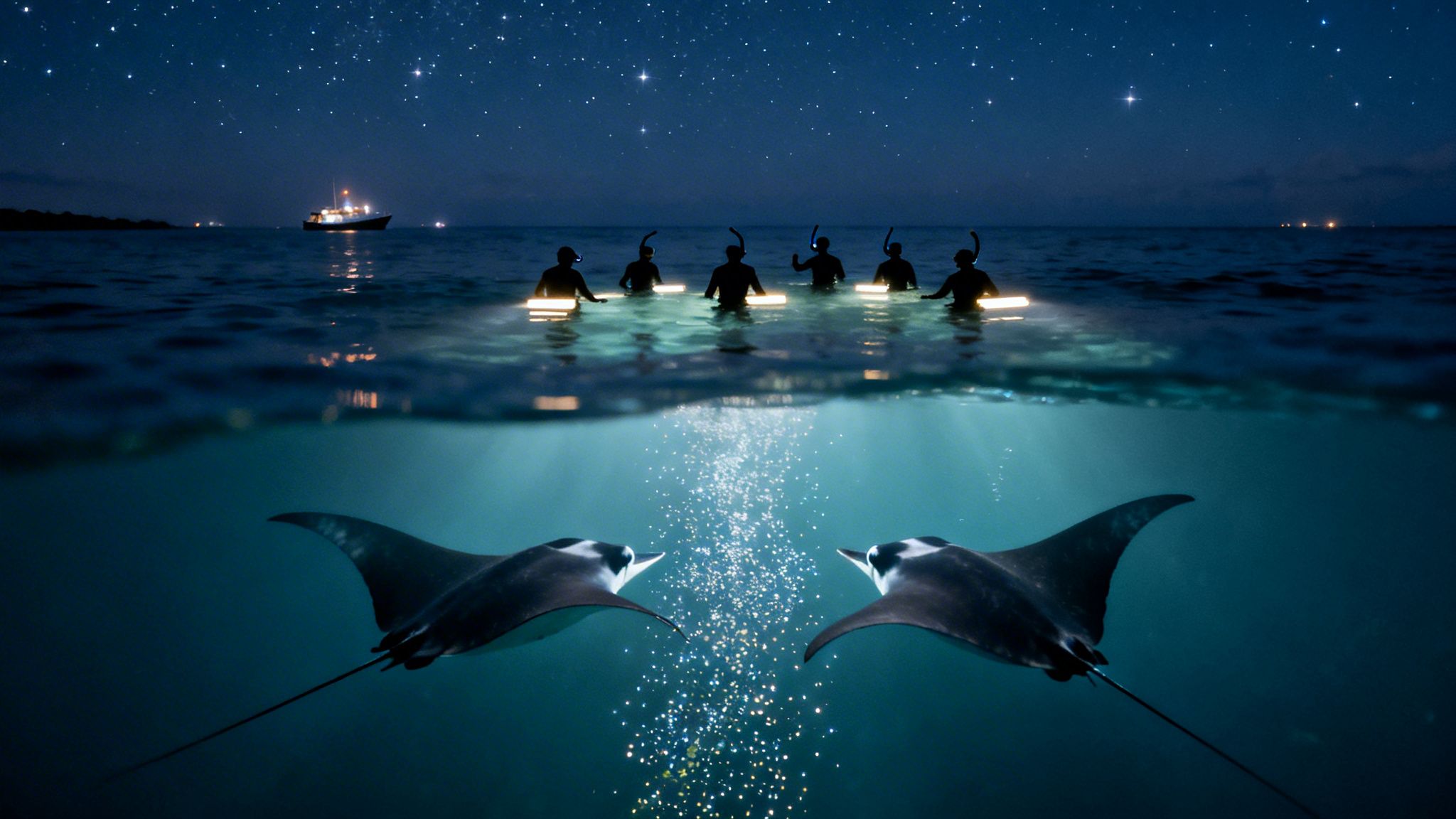 People night snorkeling with manta rays under a star-filled sky, illuminated by underwater lights.