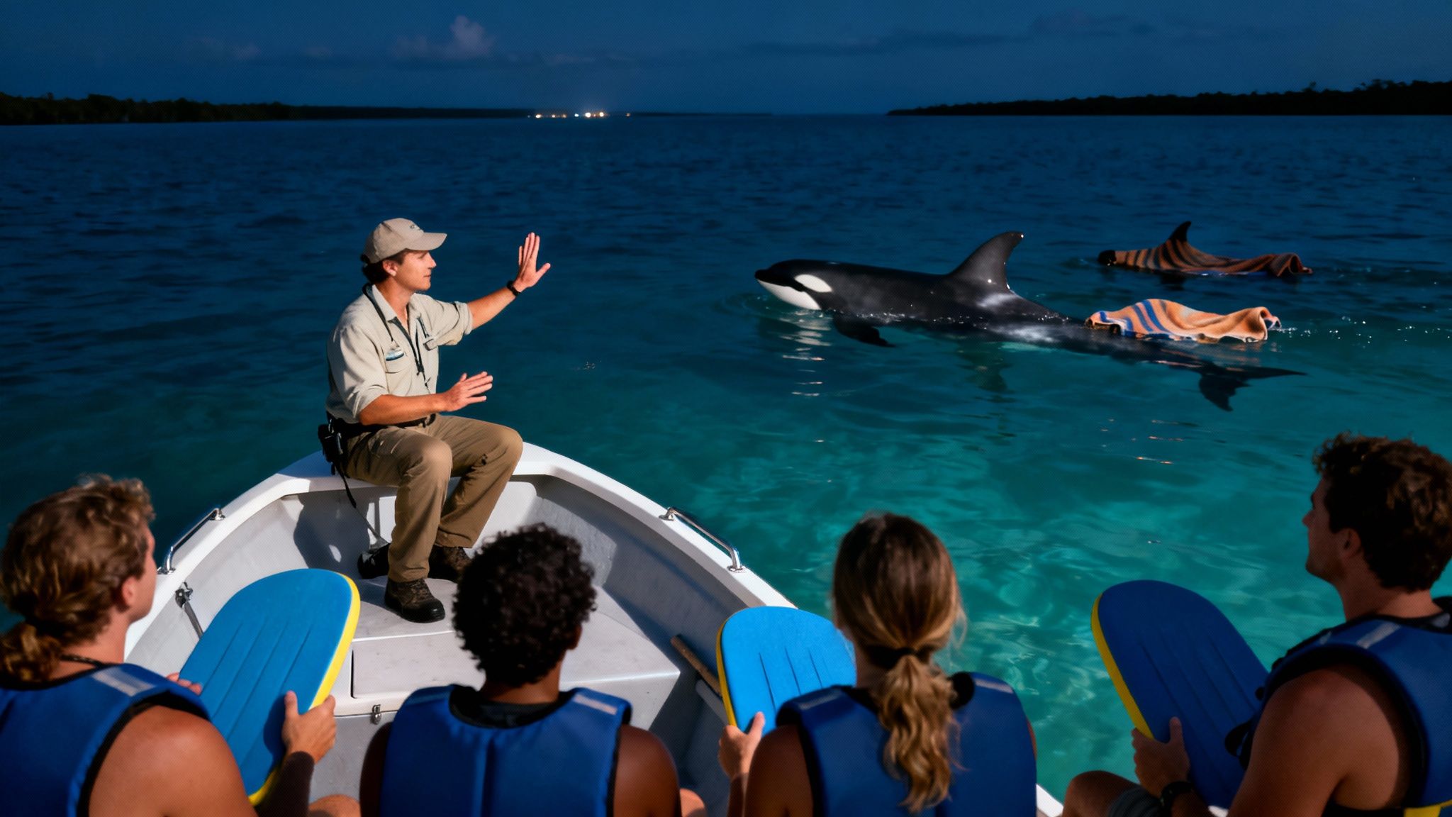Guide explains to boat passengers about killer whales in blue water at dusk.