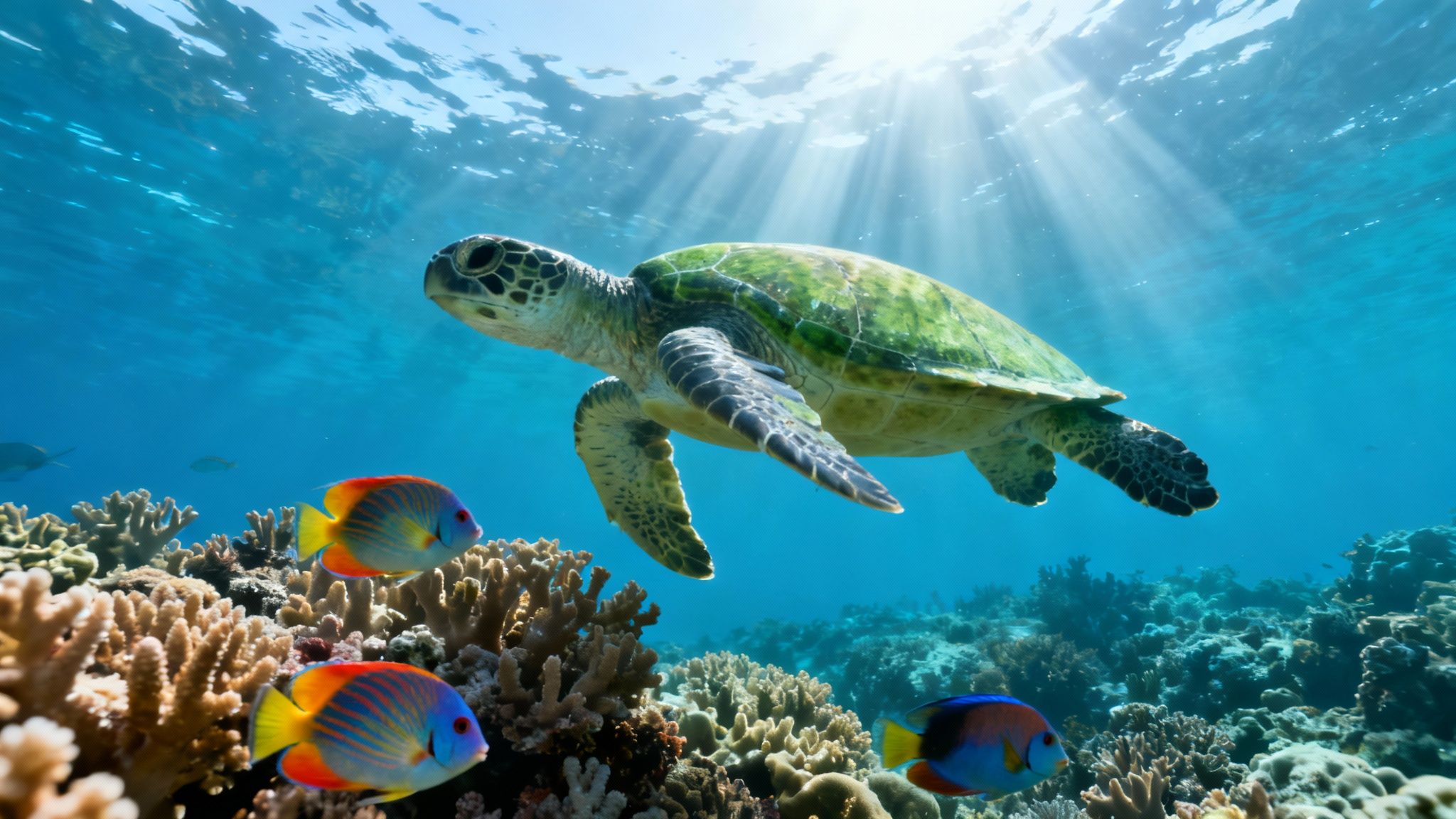A majestic green sea turtle swims over a vibrant coral reef with colorful fish and sunlight.