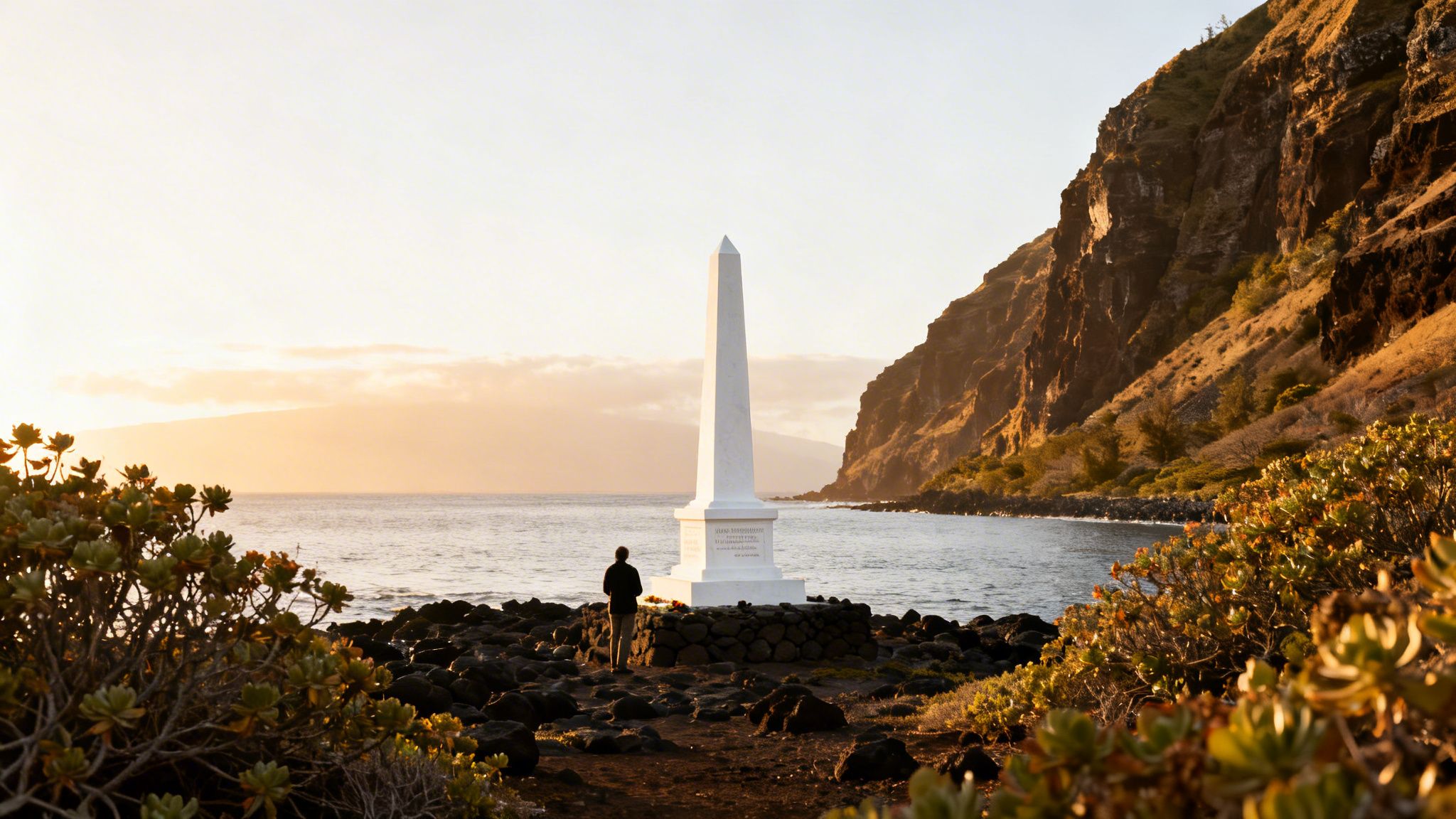 A person stands by a tall white Captain Cook monument at sunset, overlooking the ocean.