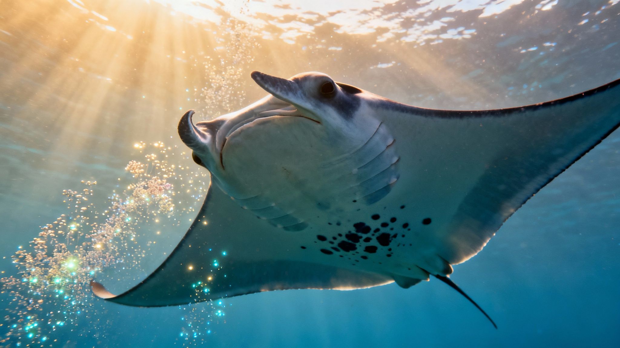 Majestic manta ray gliding gracefully through crystal clear blue tropical ocean waters underwater