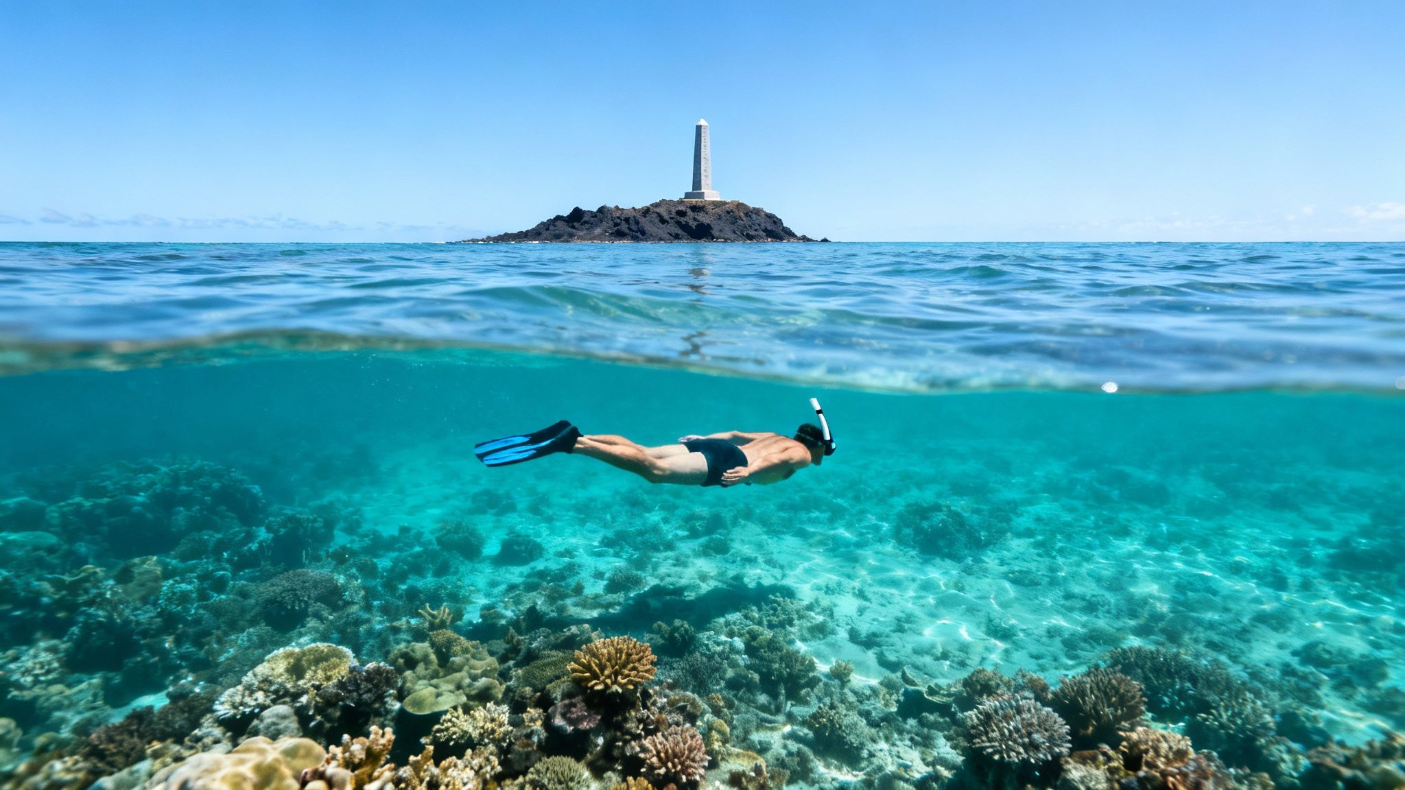 A man snorkels over vibrant coral reefs in clear blue water, with an island and lighthouse above.