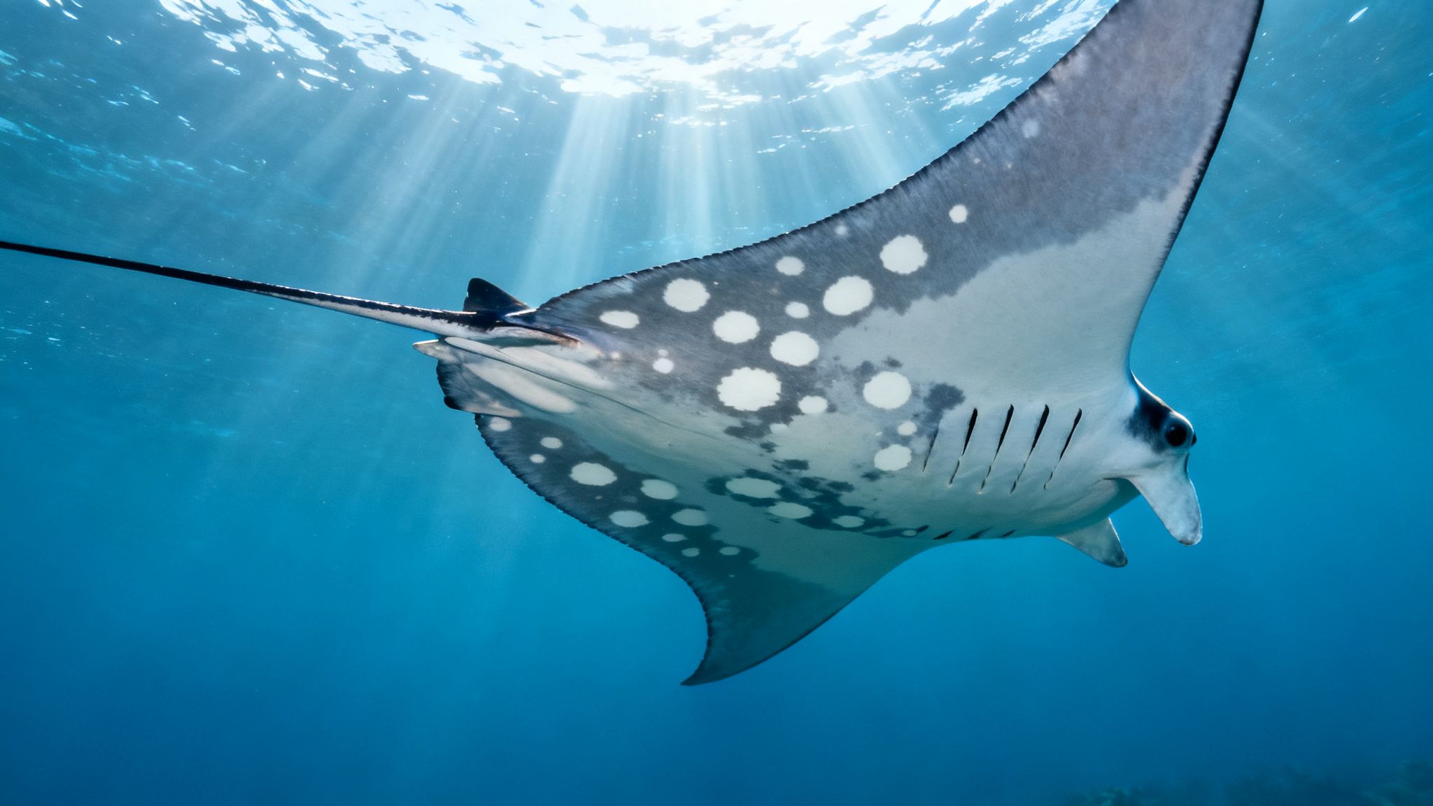 A majestic manta ray swims gracefully underwater, its underside visible with white spots and gill slits.