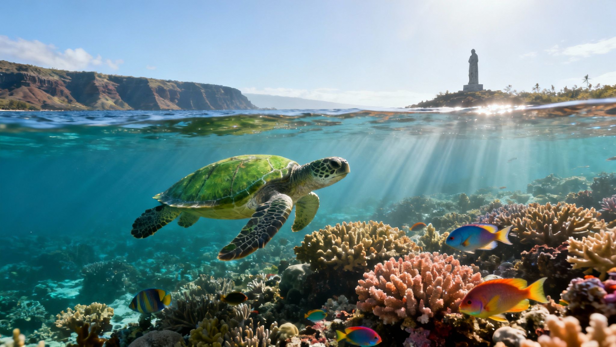 A vibrant split-level shot of a green sea turtle swimming over a coral reef with colorful fish, and an island coastline above.