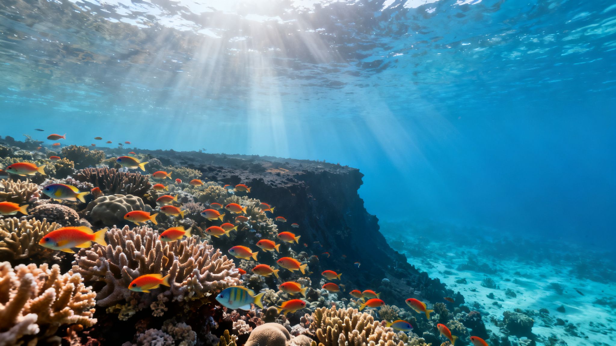 Vibrant coral reef teeming with colorful fish under sunlit clear blue ocean water.