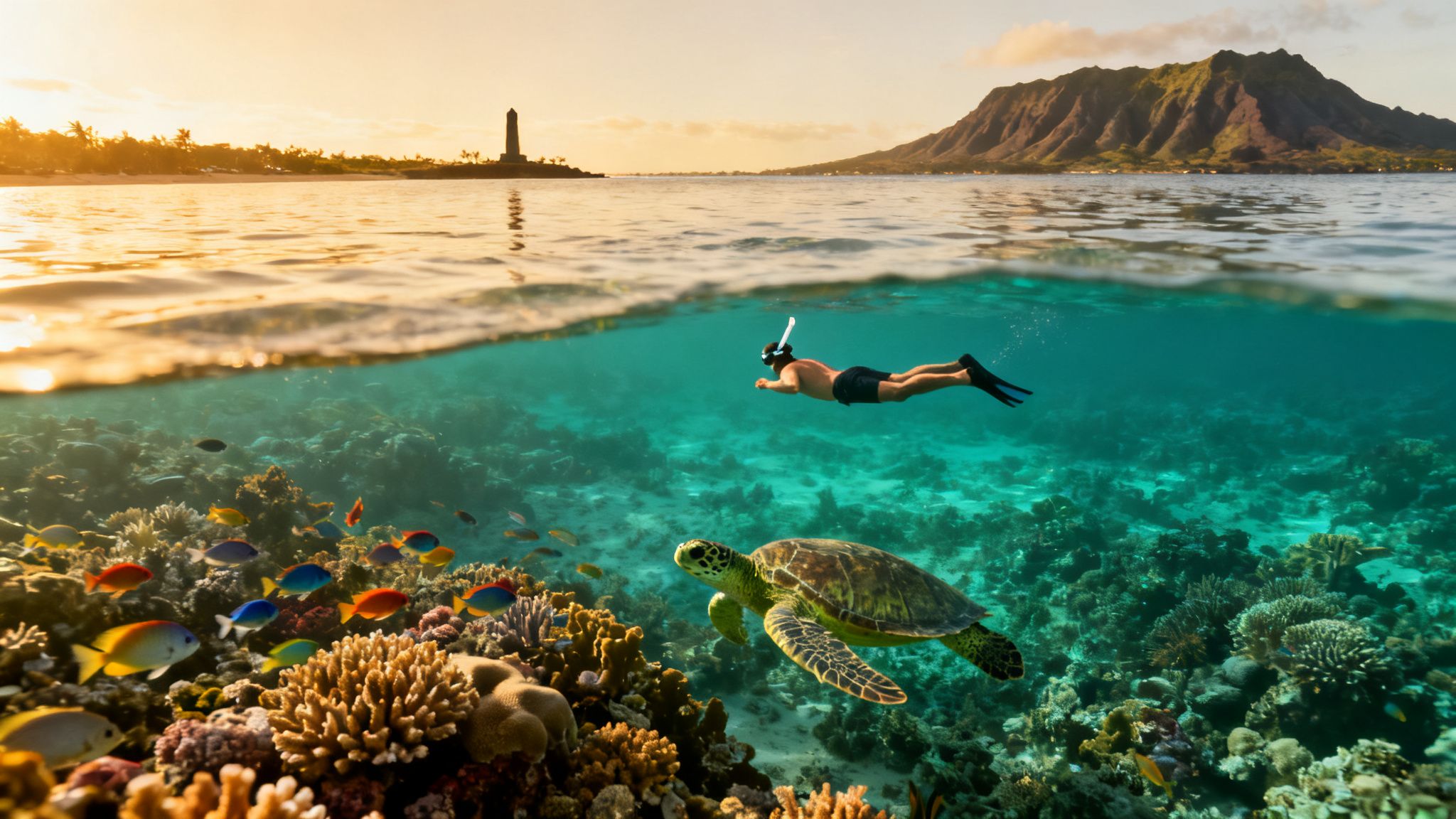 Split view: a snorkeler, sea turtle, and vibrant coral reef underwater; golden sunset over beach and mountain above.