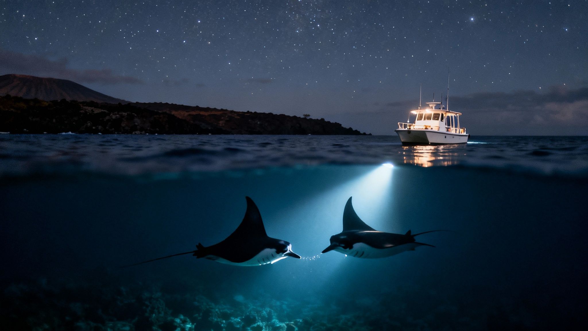 Two manta rays swim under a starry night sky, illuminated by a boat near an island.