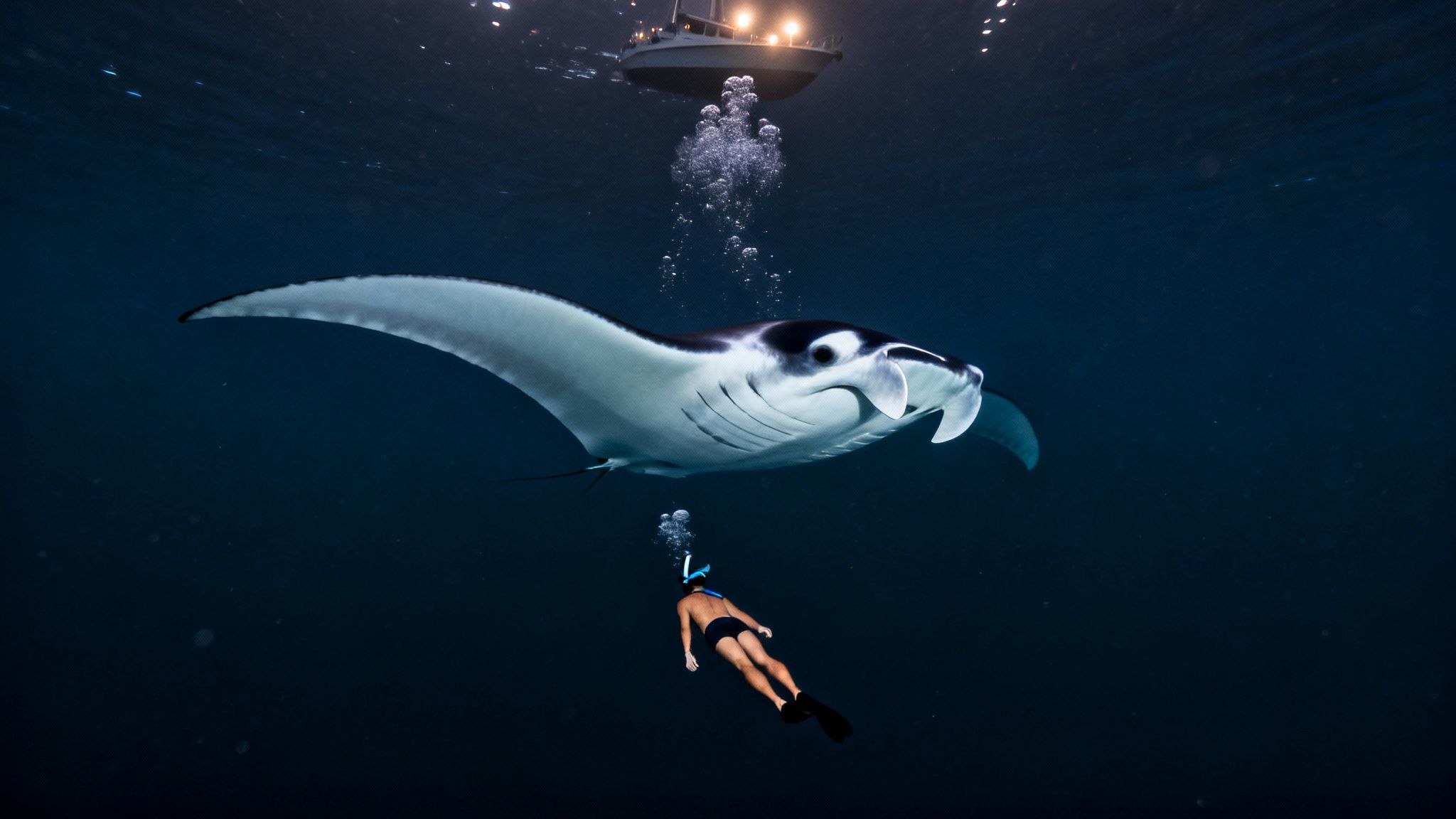 A majestic manta ray swims gracefully above a snorkeler in dark water, with a boat light overhead.