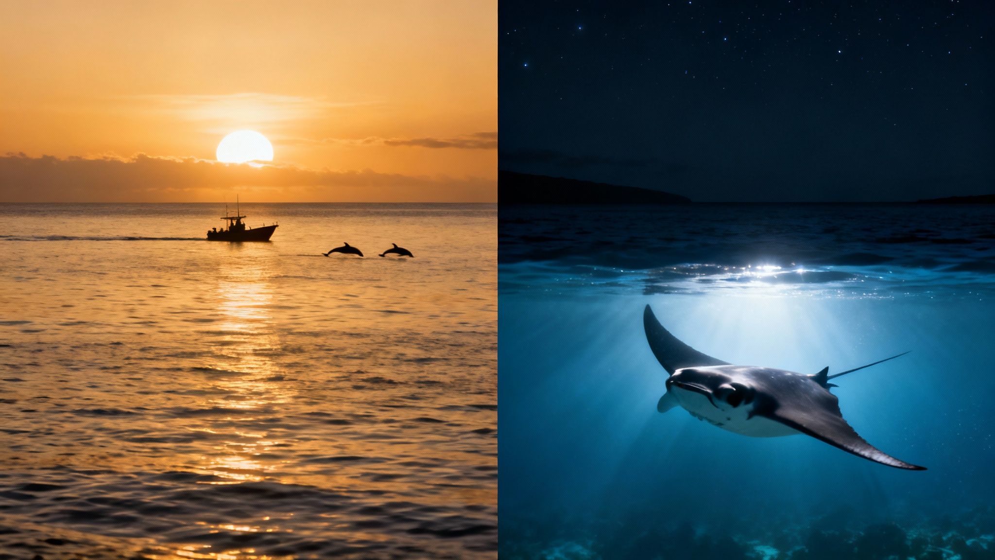 A split image: sunset with dolphins and boat; manta ray under starry ocean at night.
