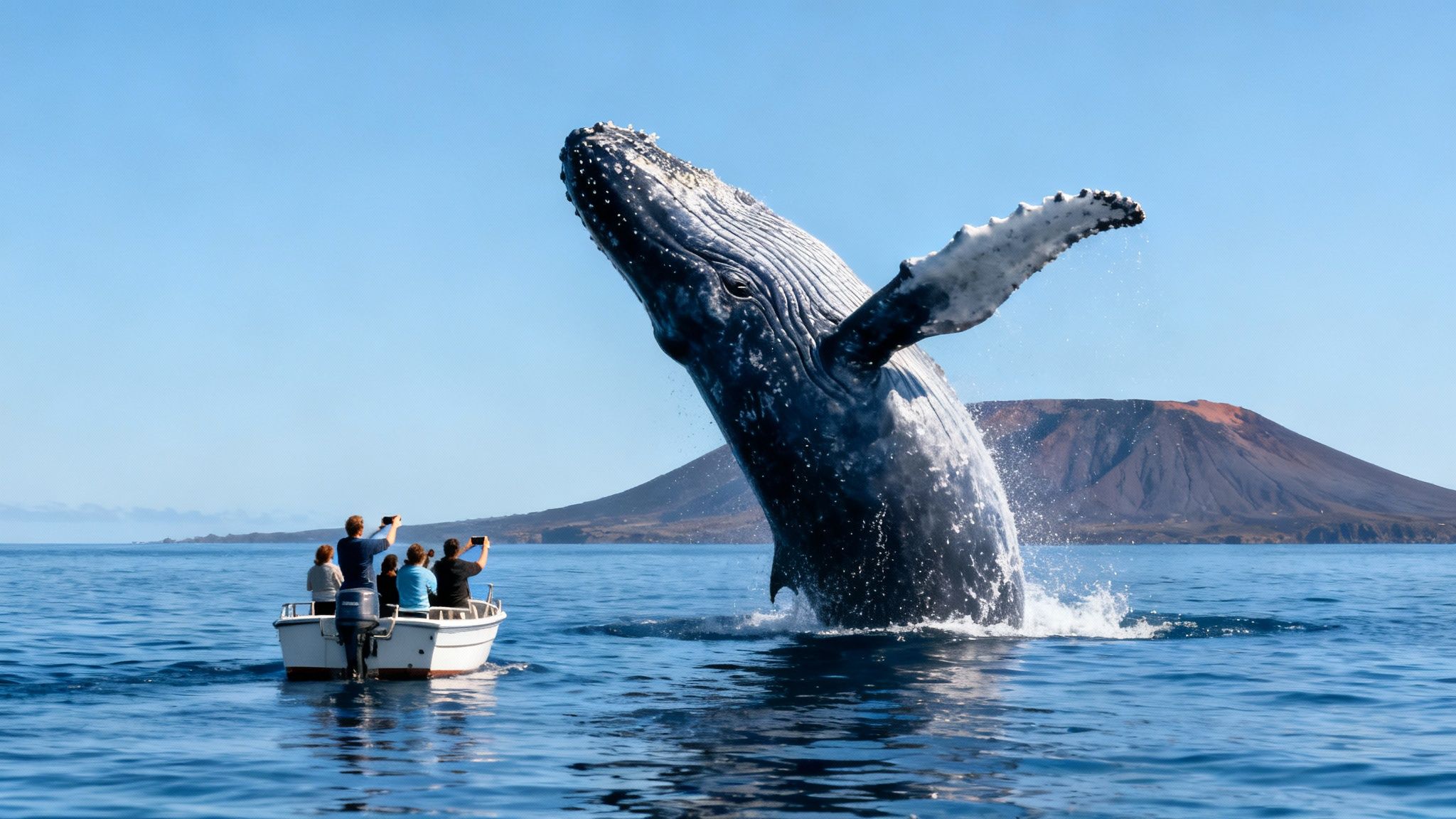 A majestic humpback whale breaches high out of the ocean next to a tourist boat with a volcanic island.