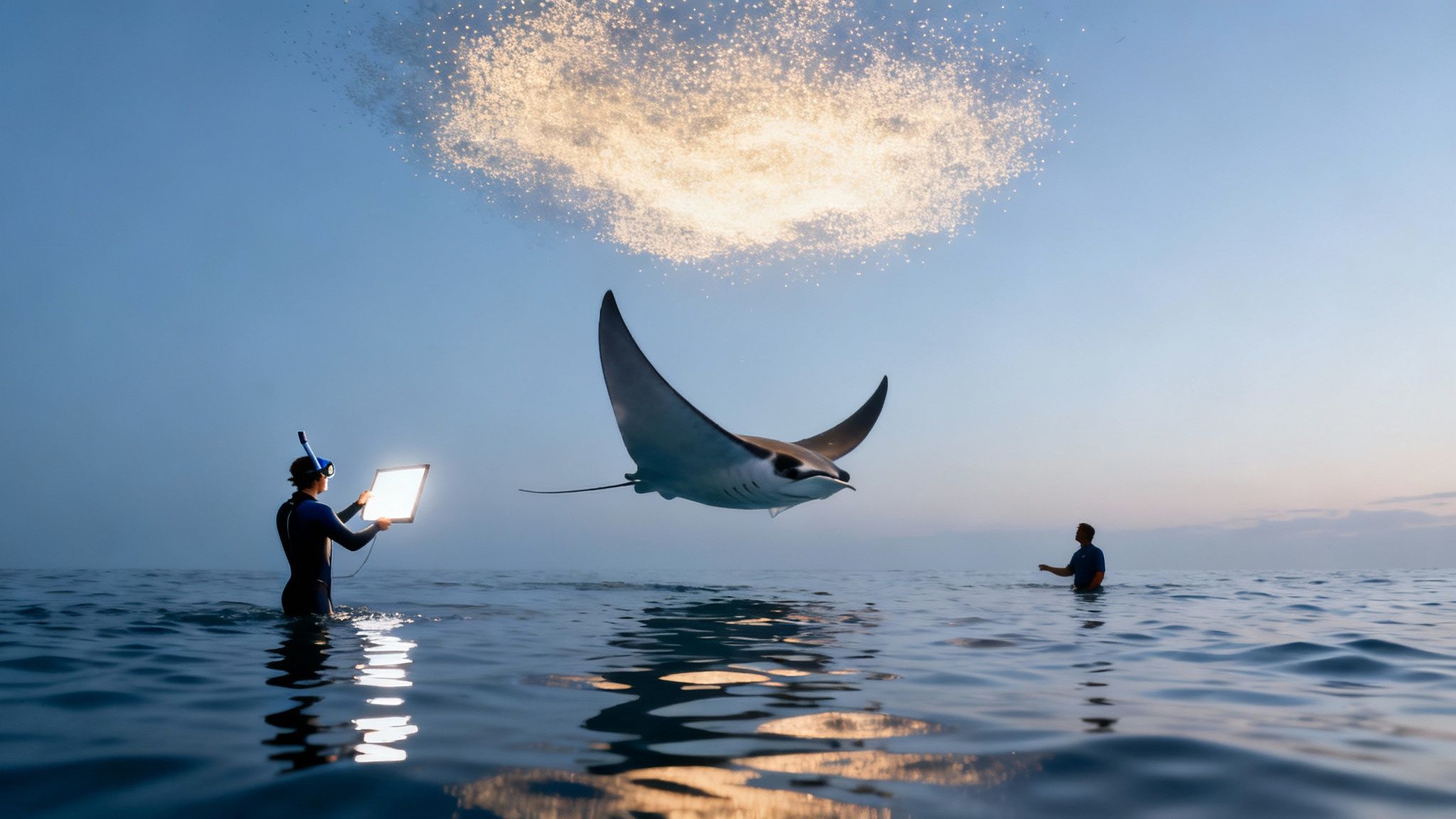 Manta ray glides above ocean at night, attracted by diver&#39;s light during a snorkel.