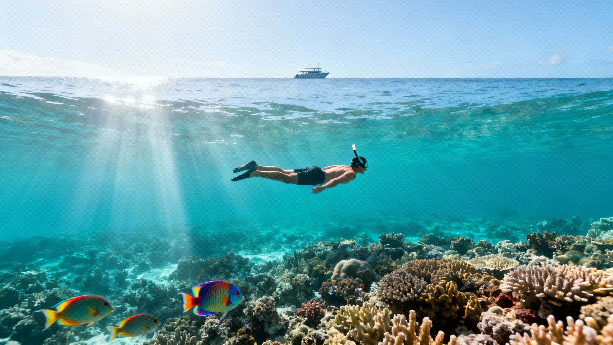 A man snorkeling over a vibrant coral reef, with colorful fish and sunbeams in clear blue tropical water.