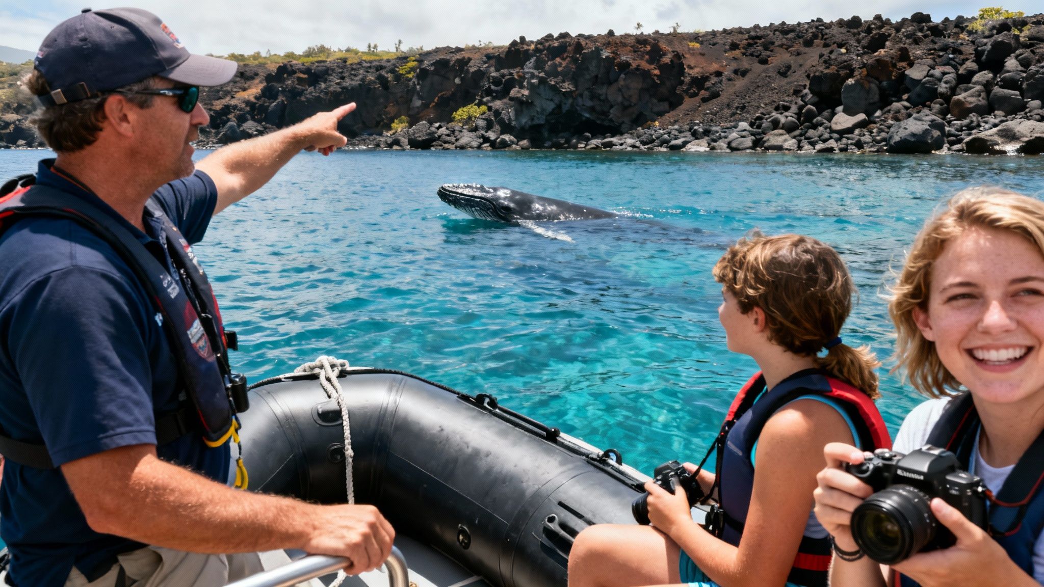 Tourists on a boat excitedly point at a humpback whale surfacing in the ocean.