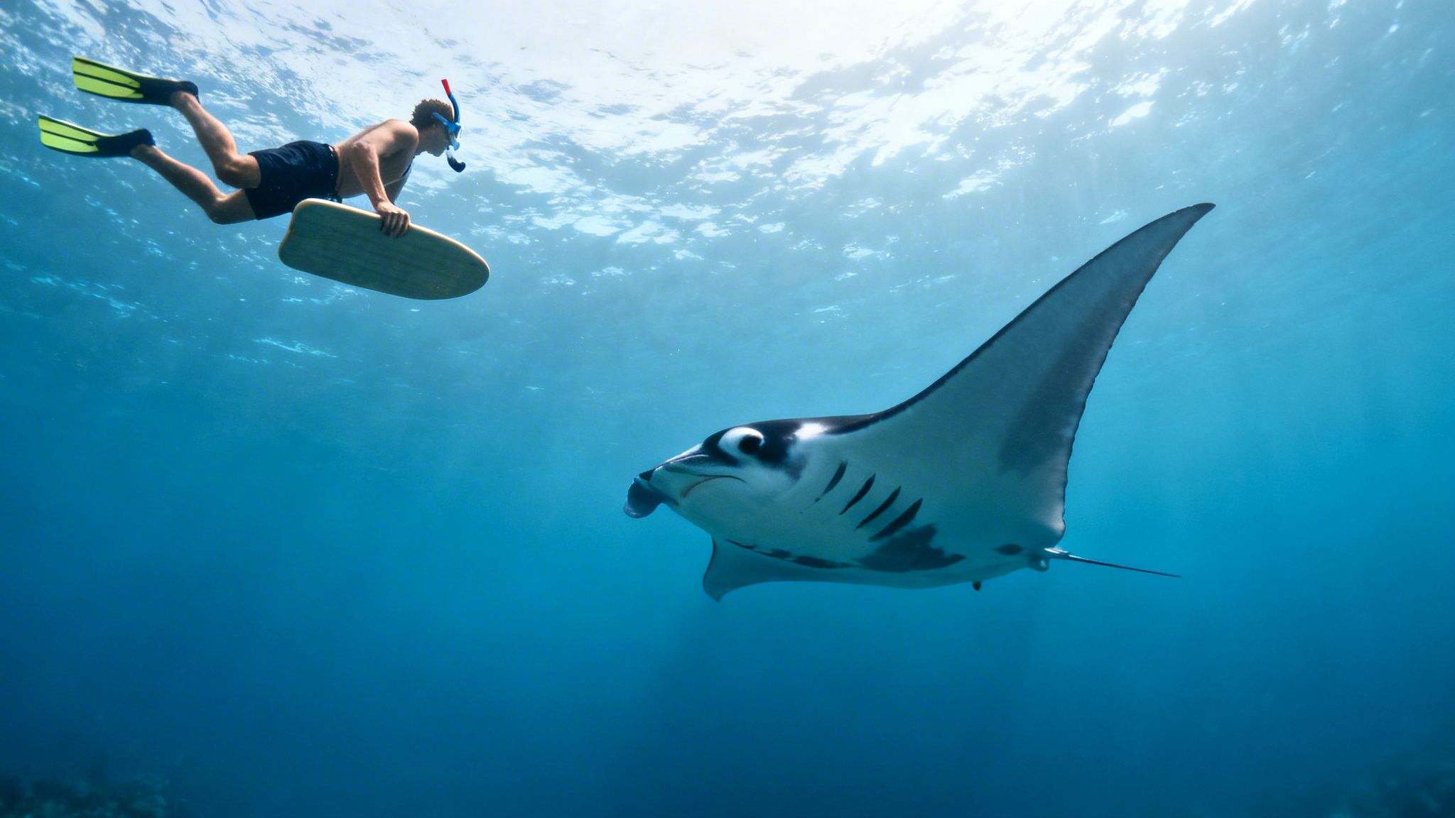 A person in snorkeling gear floats with a board, watching a large manta ray underwater.