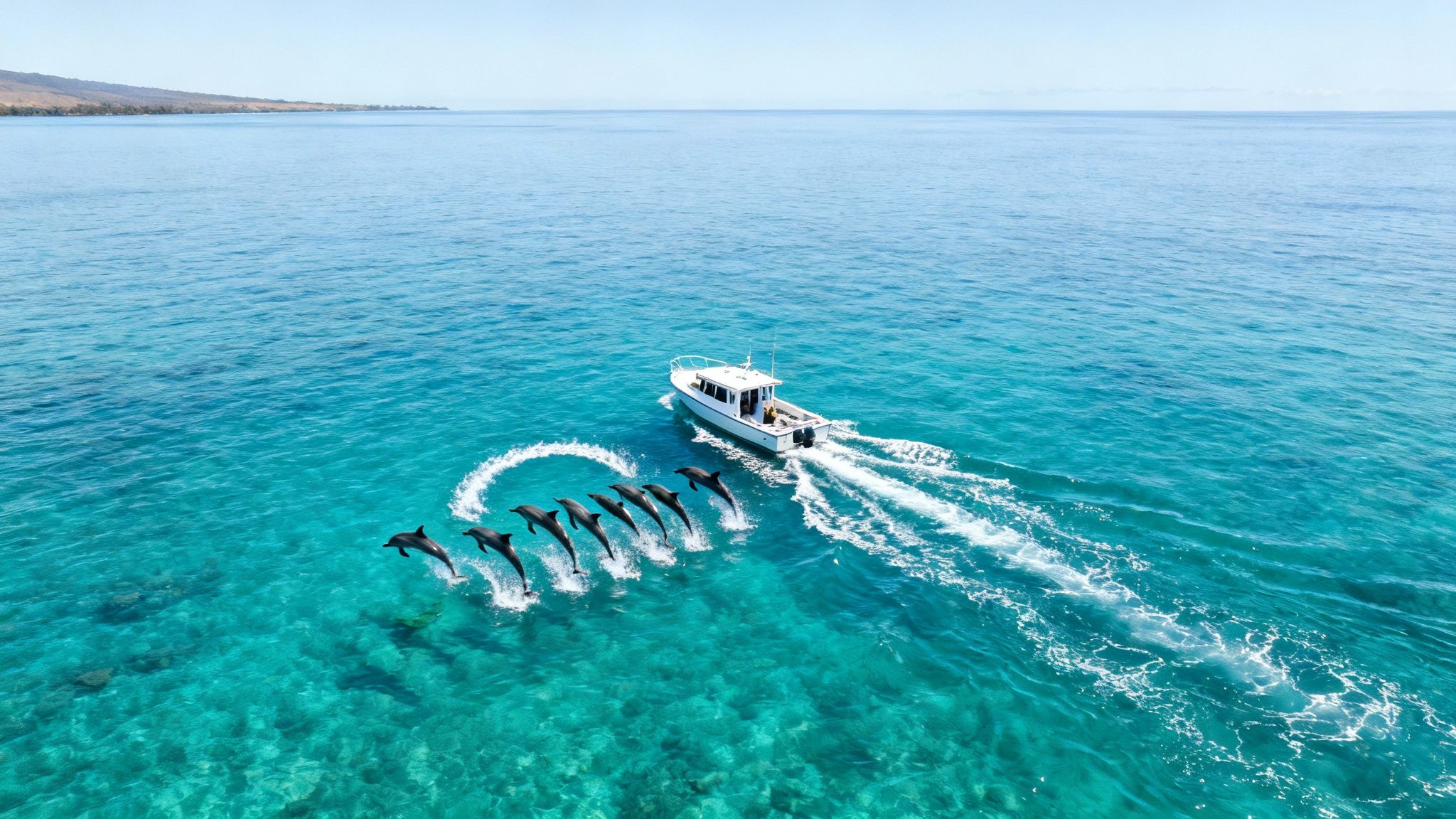 An aerial view of a white boat on clear blue ocean water with a line of dolphins jumping alongside it.