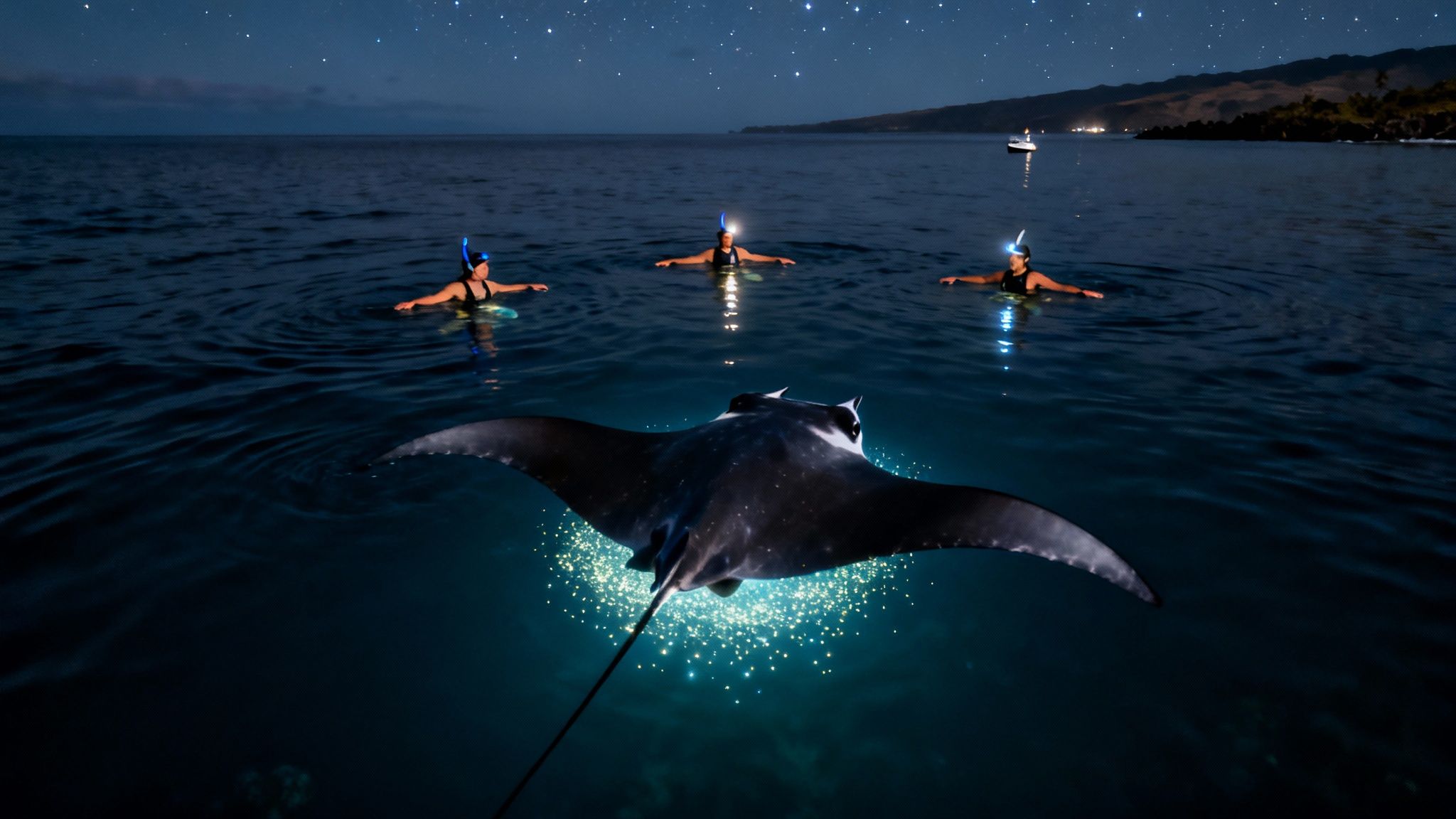 Three snorkelers with headlamps observe a large manta ray illuminated at night under a starry sky.