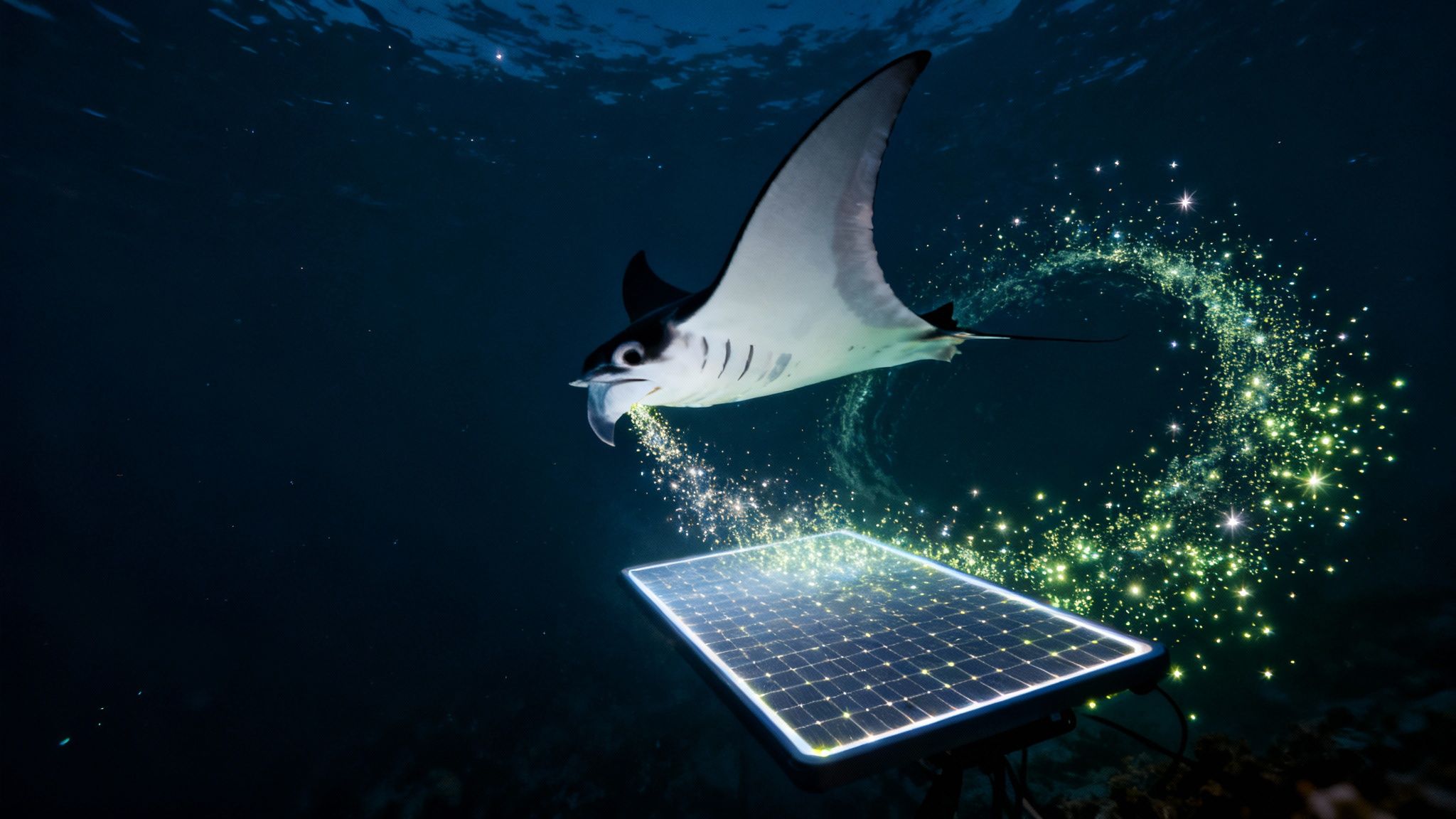 A majestic manta ray swims underwater, interacting with a glowing solar panel amidst sparkling light.
