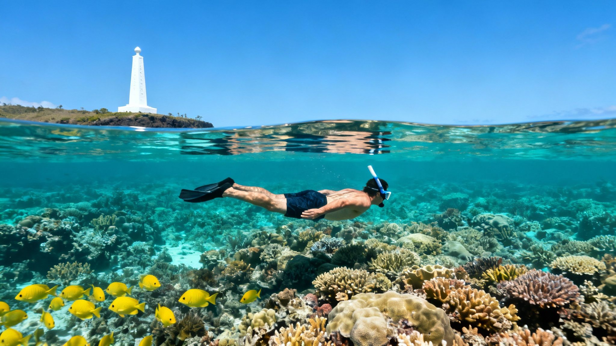 A man snorkeling over a vibrant coral reef with a school of yellow fish, a white lighthouse visible above water.