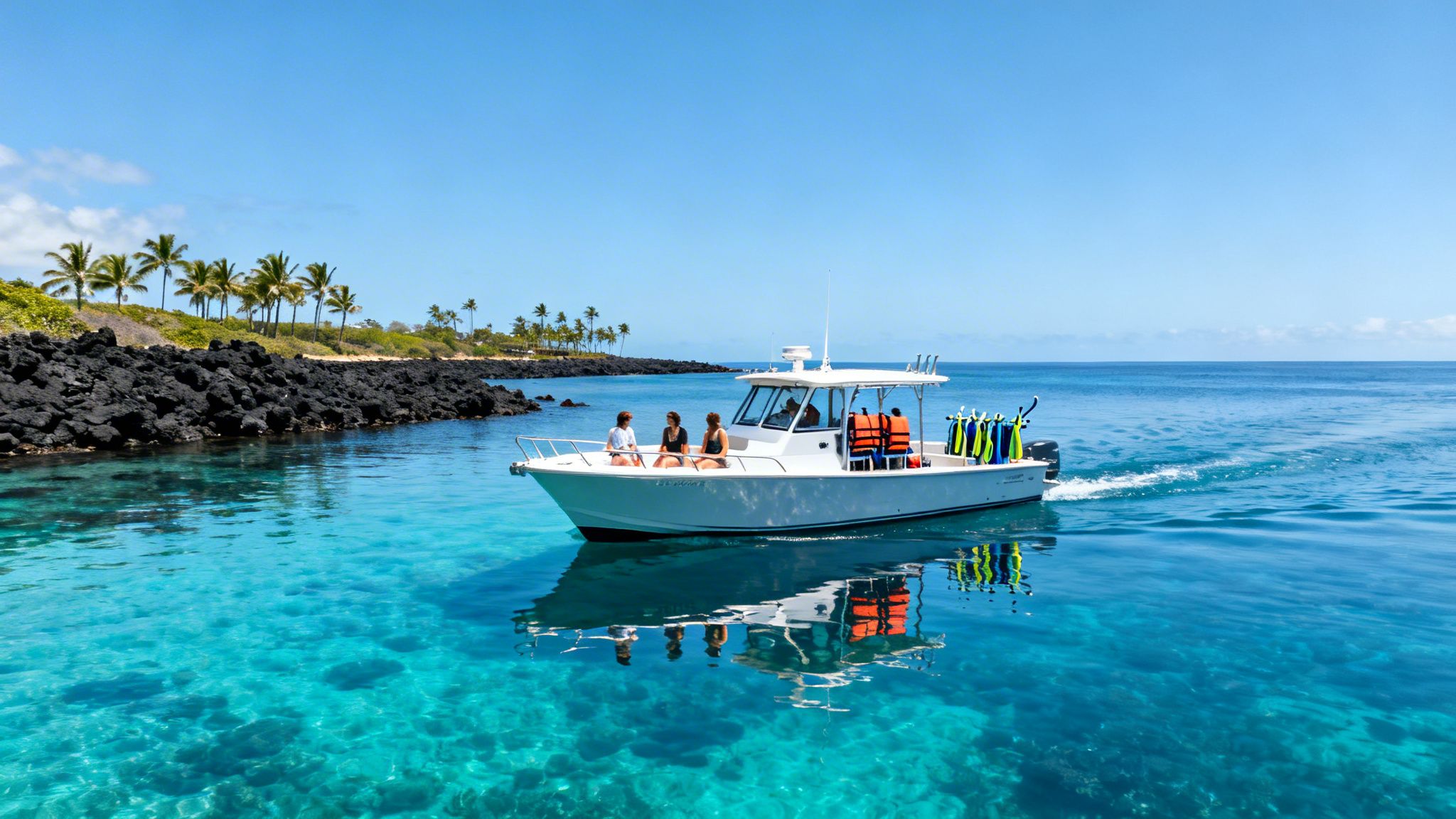 A white boat with passengers and snorkeling gear cruises on clear turquoise water near a volcanic rock shore with palm trees.