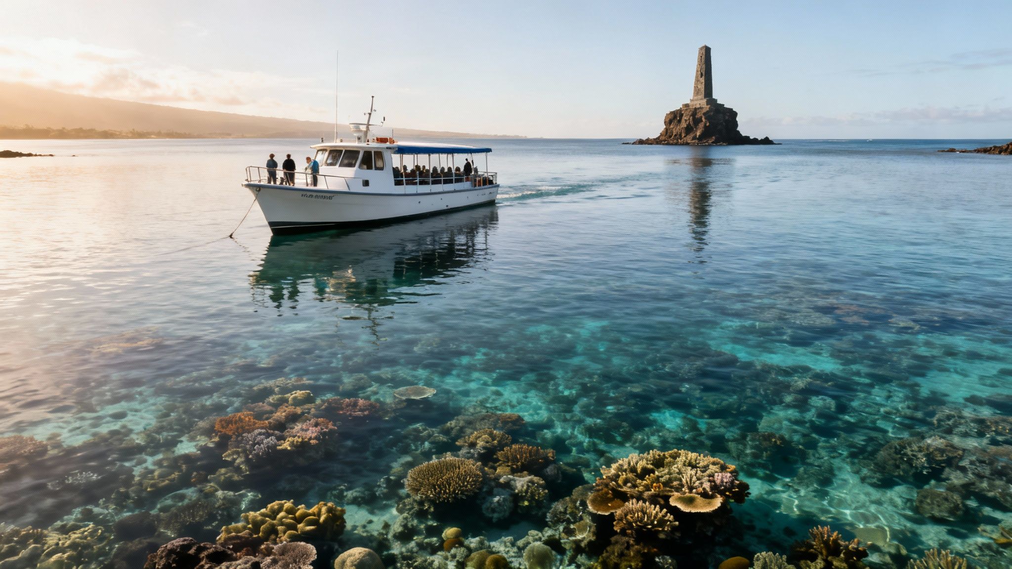 Tour boat over vibrant coral reefs in clear blue water, with a stone monument on a distant island.