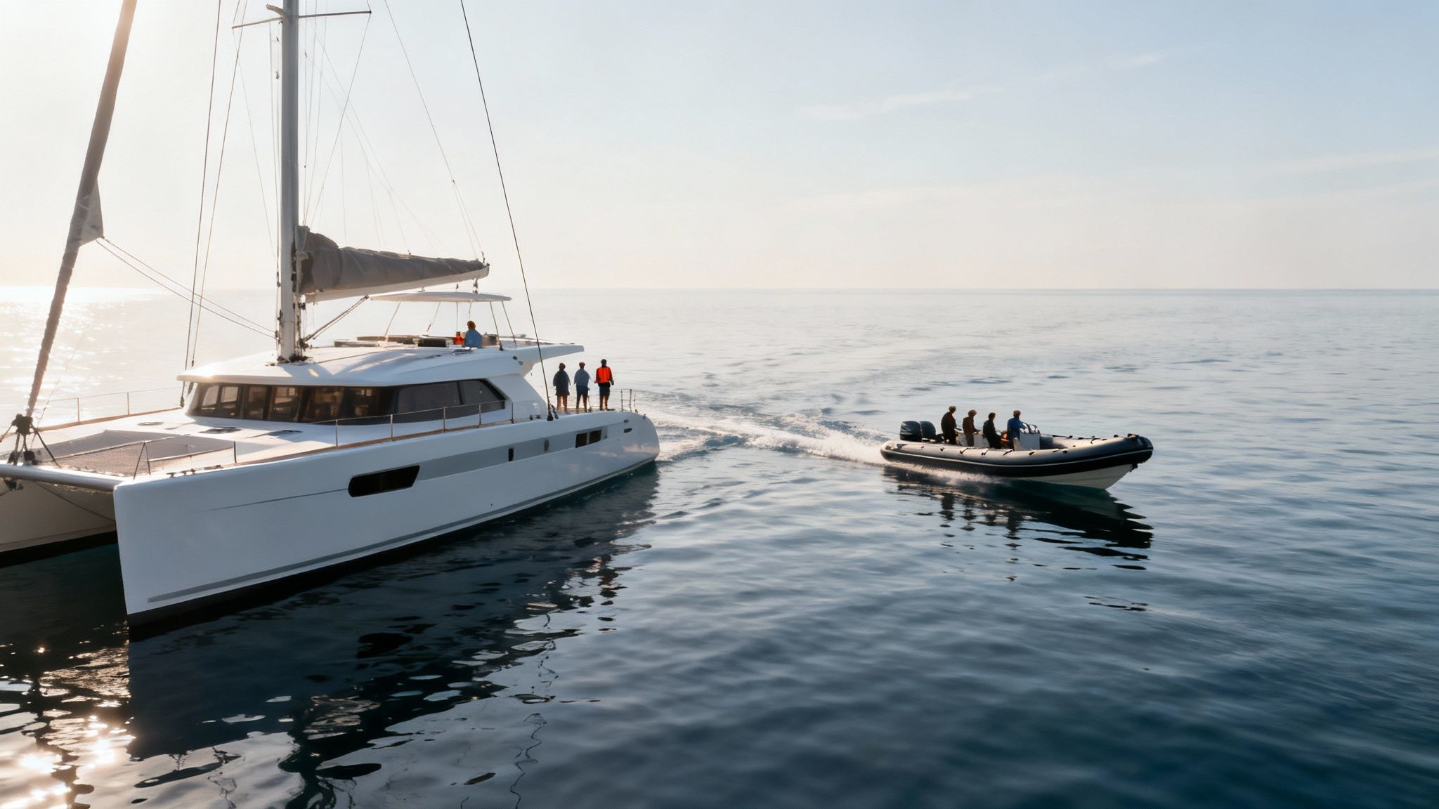 A large white catamaran and a smaller inflatable boat with people on calm water.