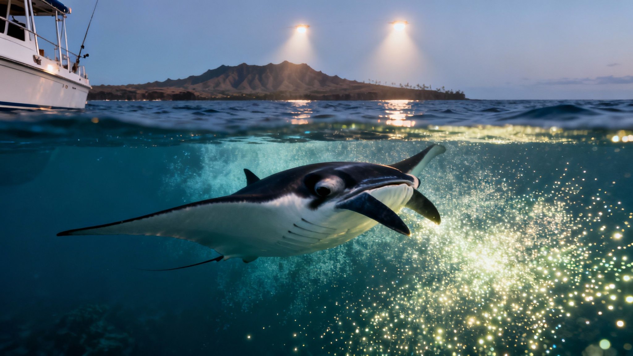 A magnificent manta ray swims in clear sparkling water at dusk, with a boat and an illuminated island in the background.