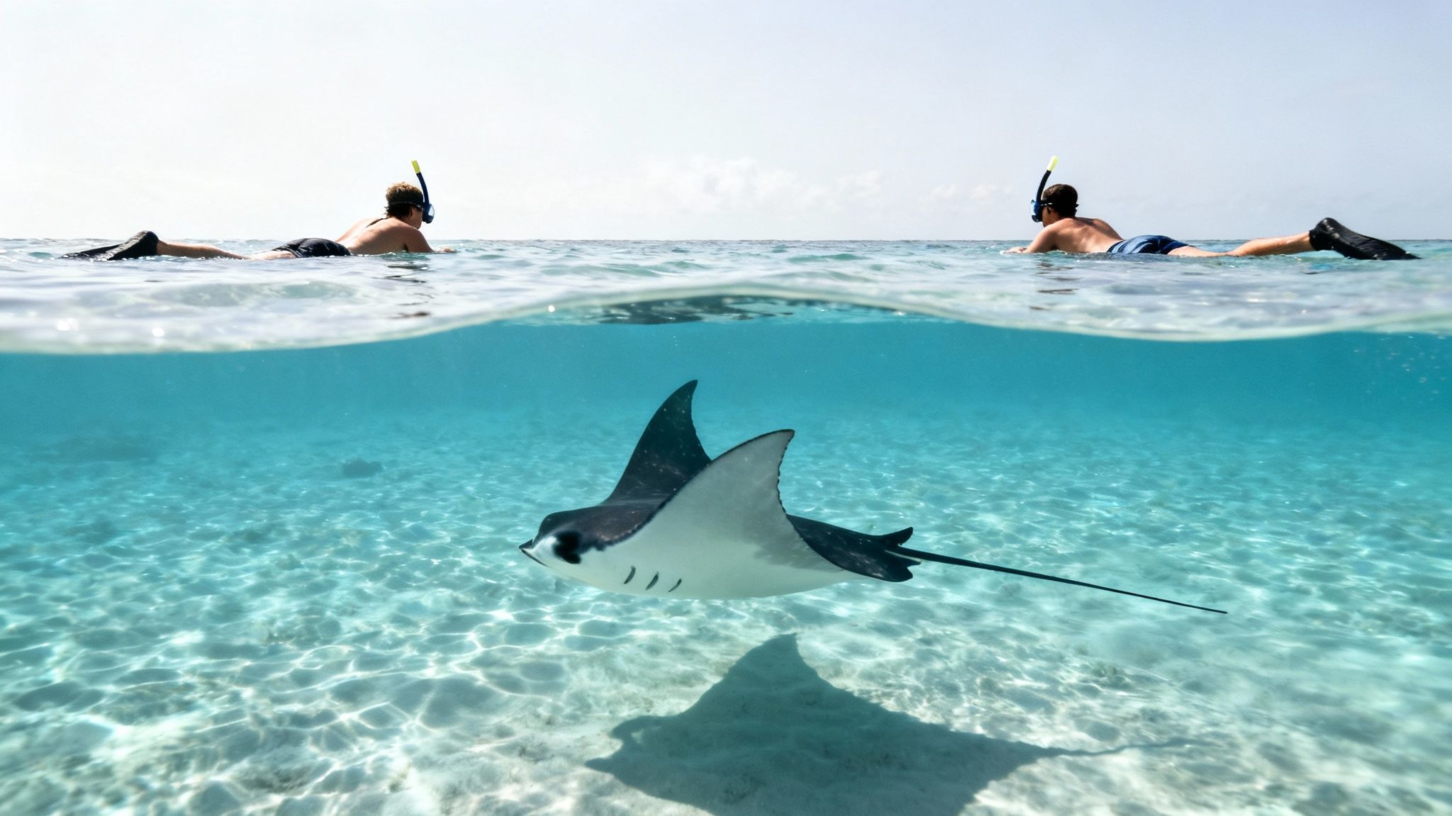 Two snorkelers watch a majestic manta ray swim beneath them in clear blue tropical water.
