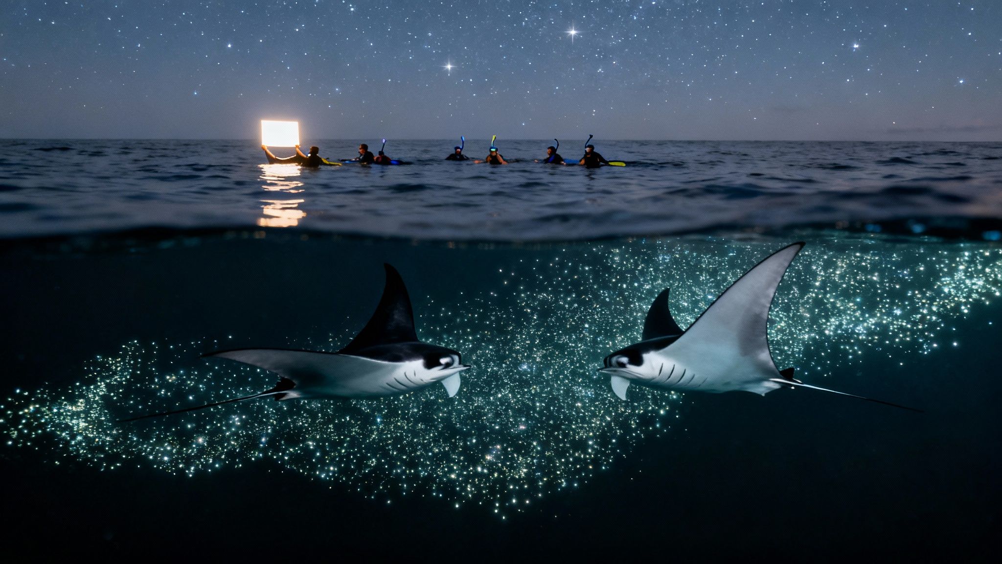 Snorkelers illuminate the ocean at night, revealing glowing manta rays under starry skies.