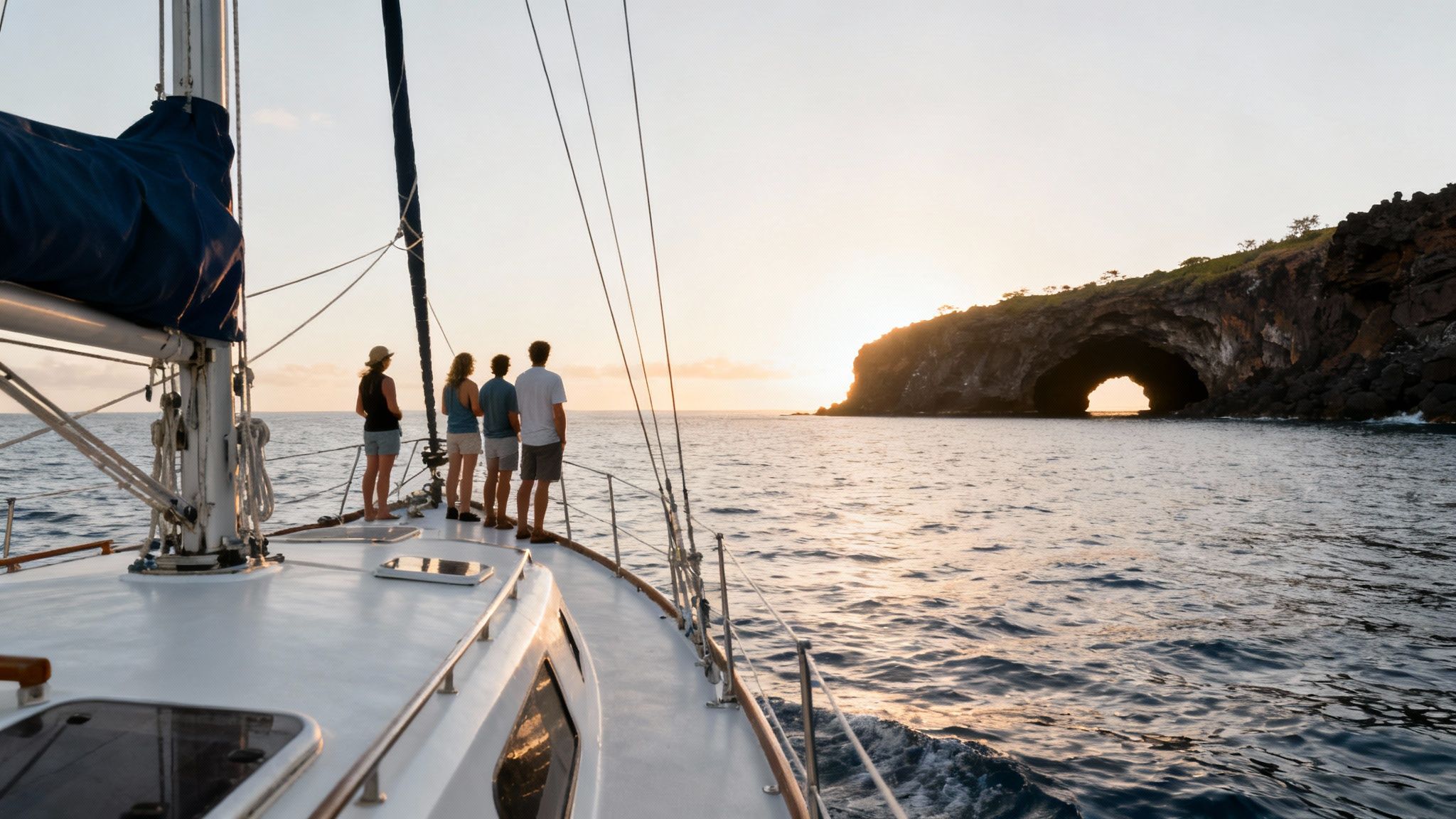 A group of people snorkeling in the clear blue waters of Kealakekua Bay near the Captain Cook Monument