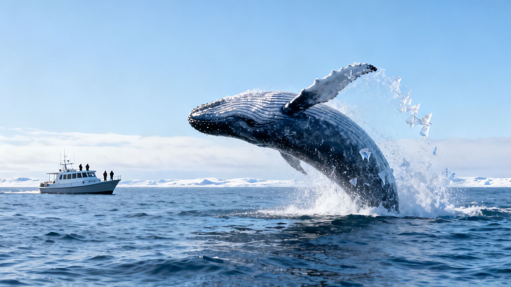 A magnificent humpback whale breaches out of the ocean next to a small boat with onlookers.