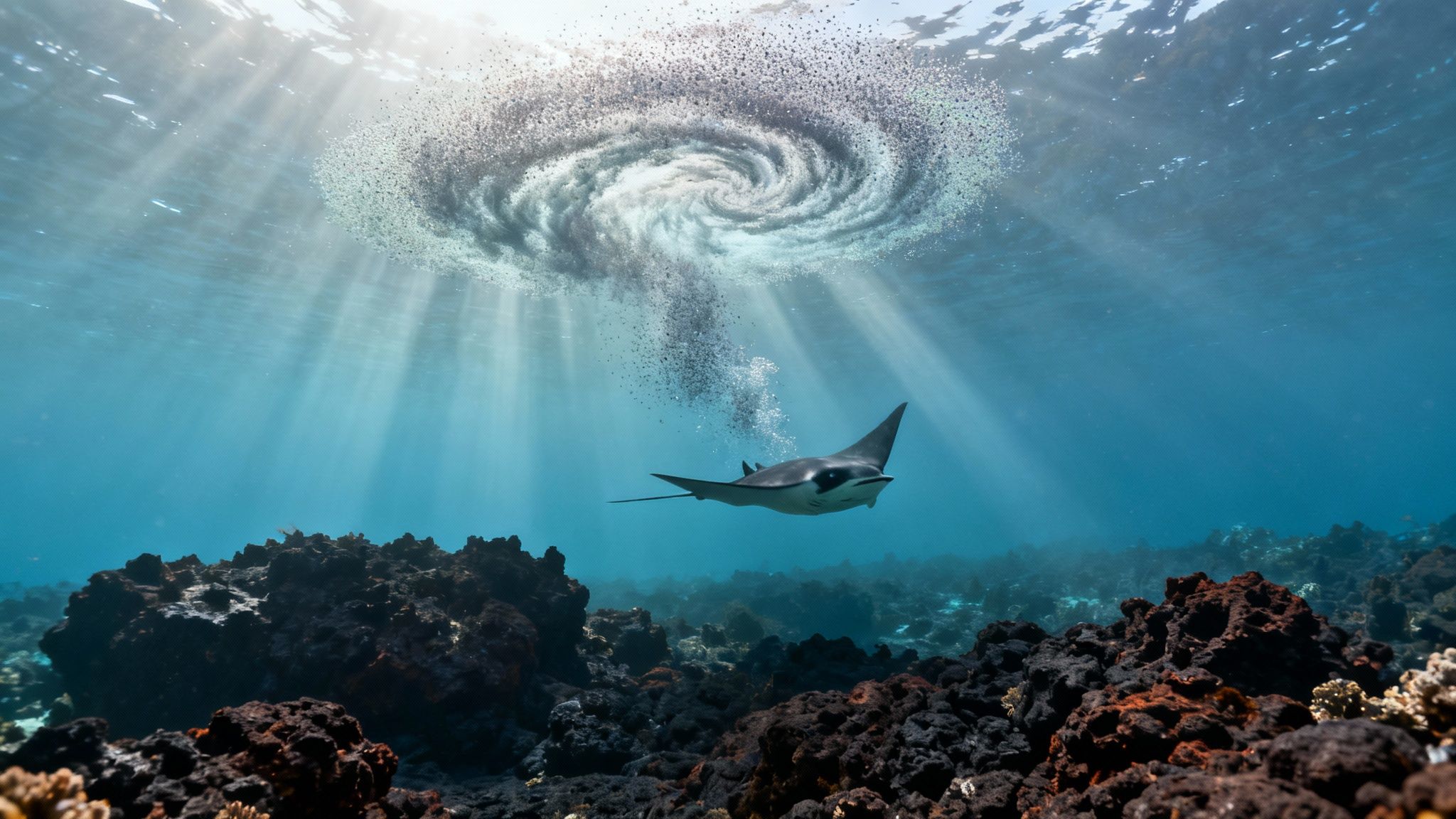 A close-up view of a majestic manta ray gliding gracefully through the illuminated ocean waters at night