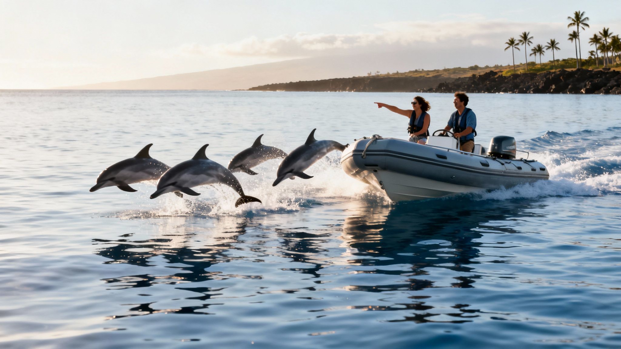 A couple on a boat watching four dolphins jump out of the water at sunset.