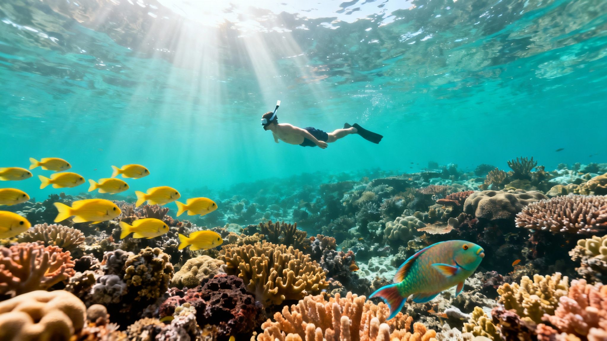 A snorkeler glides over a vibrant coral reef filled with schooling yellow fish and a colorful parrotfish.