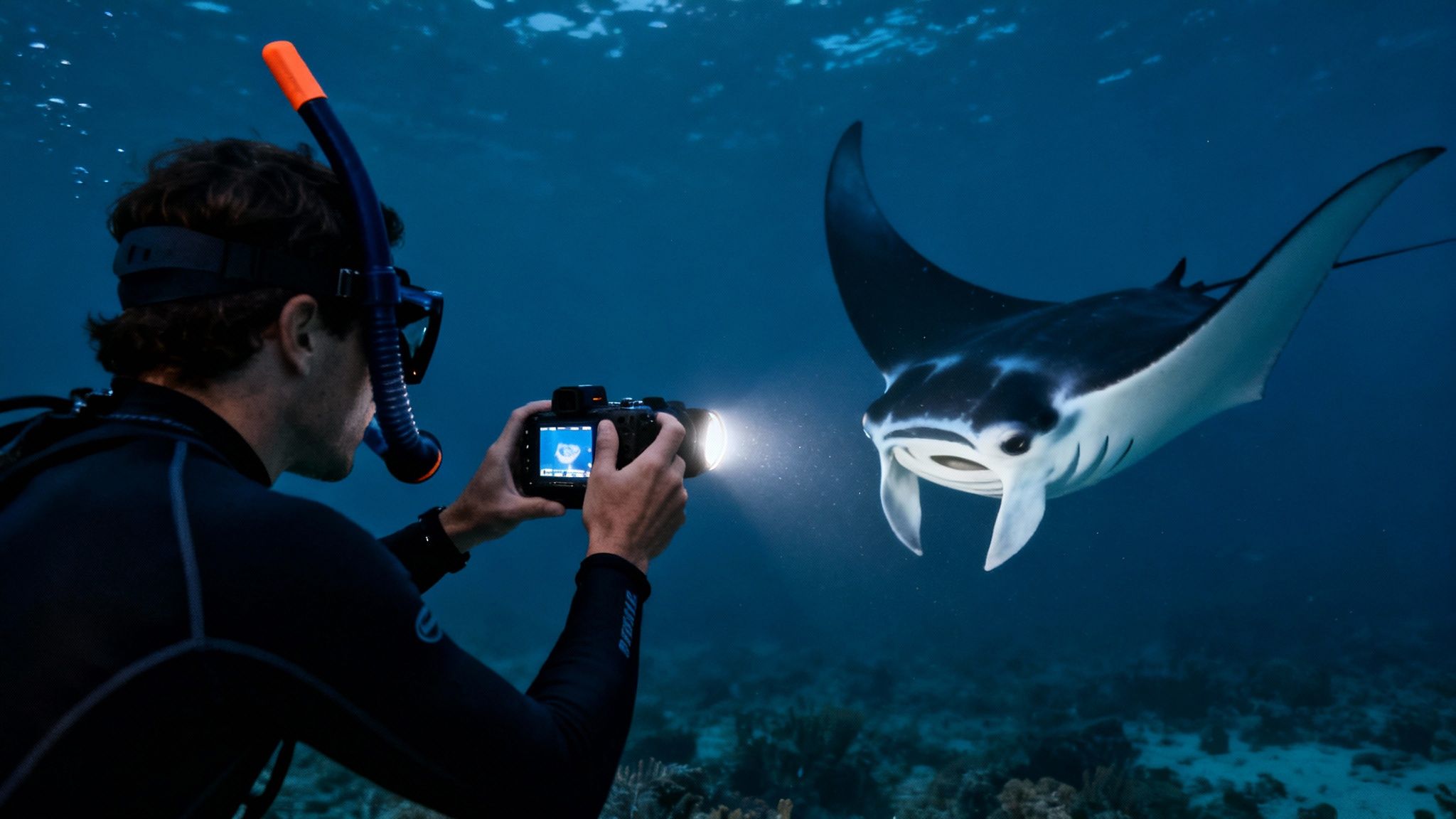Underwater photographer capturing a graceful manta ray with an illuminated camera in clear blue water.