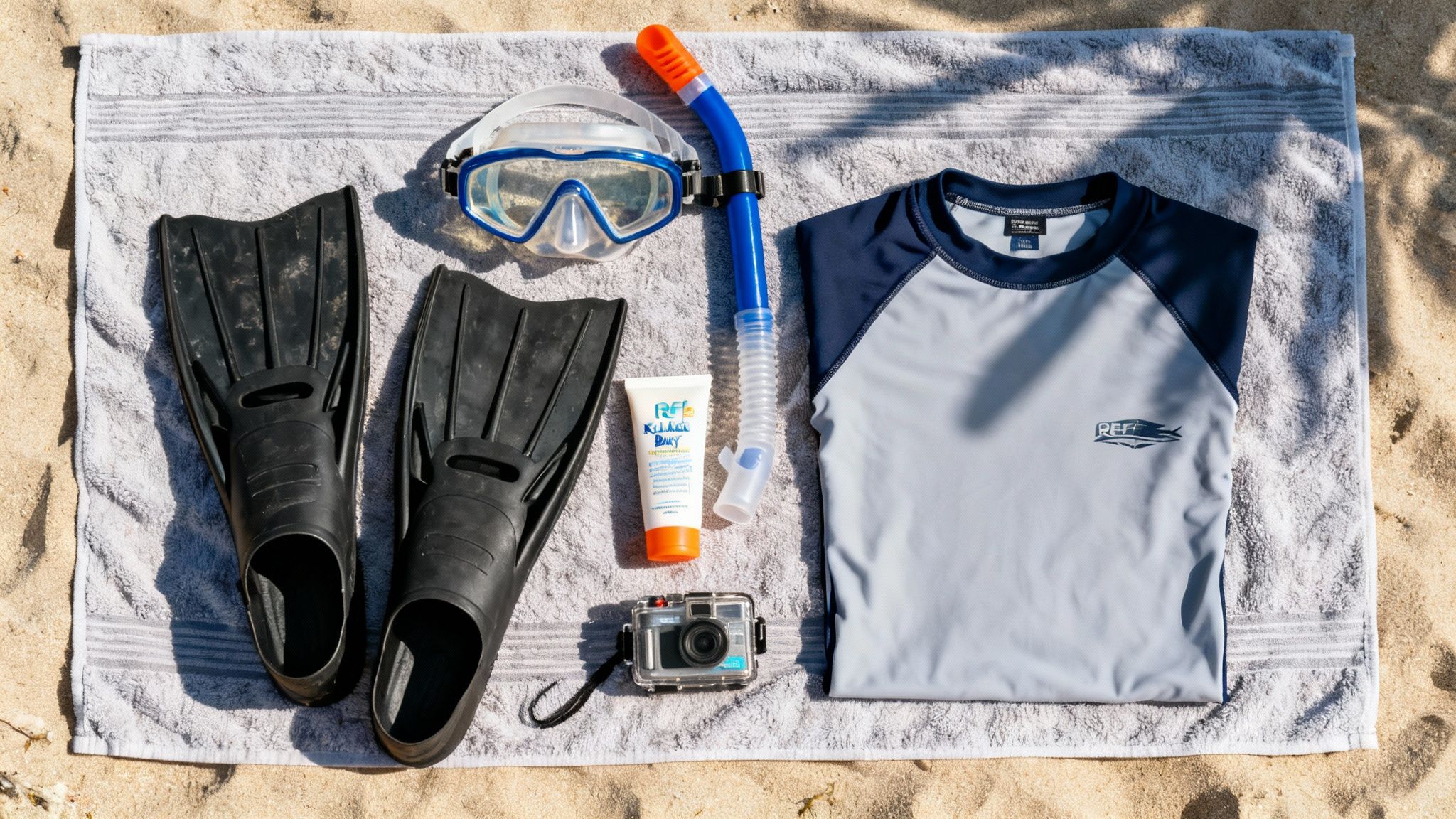 Snorkeling gear, including fins, mask, snorkel, rash guard, sunscreen, and camera, on a beach towel.