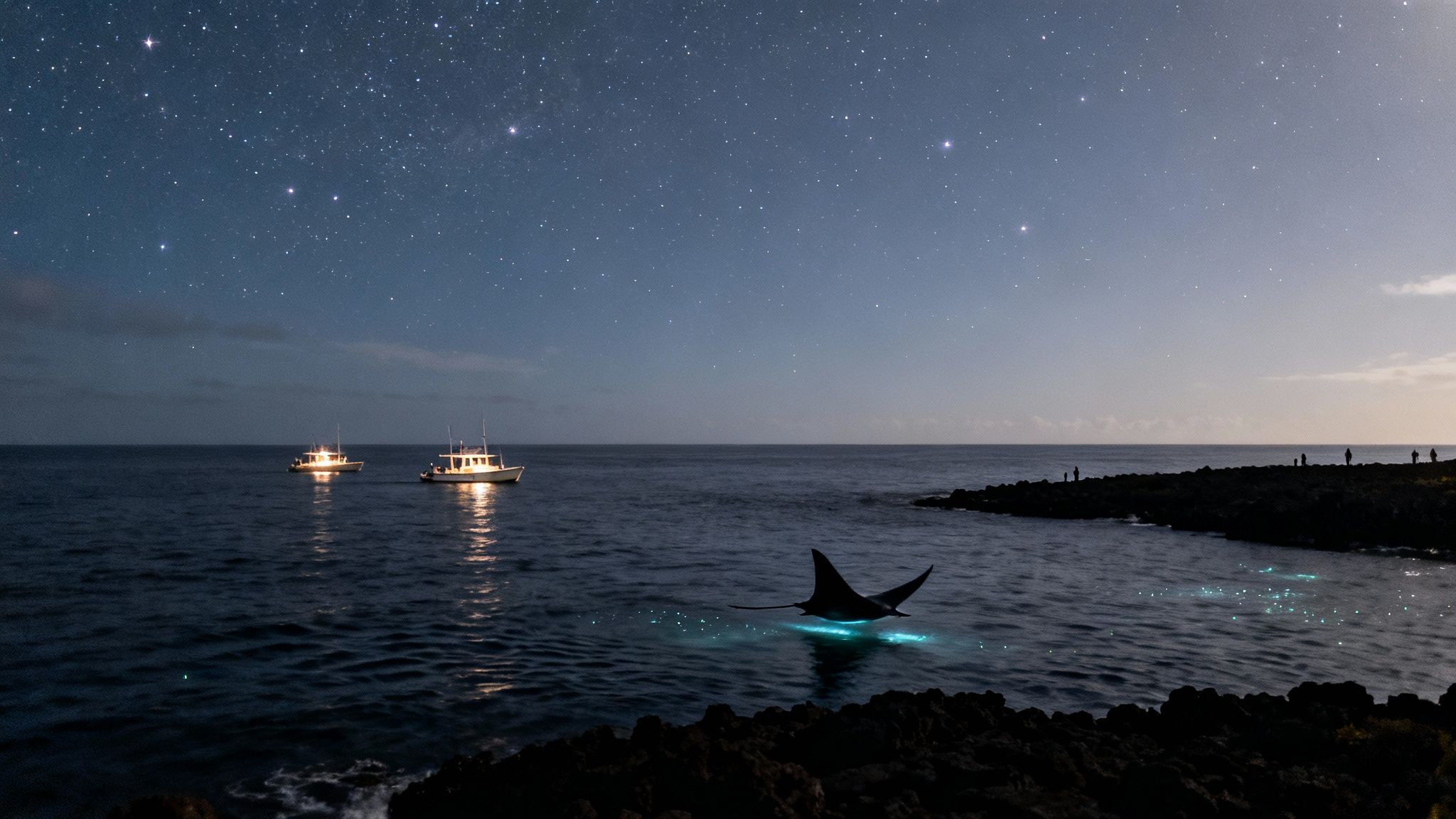 A bioluminescent manta ray swims at night under a starry sky with boats and people visible.
