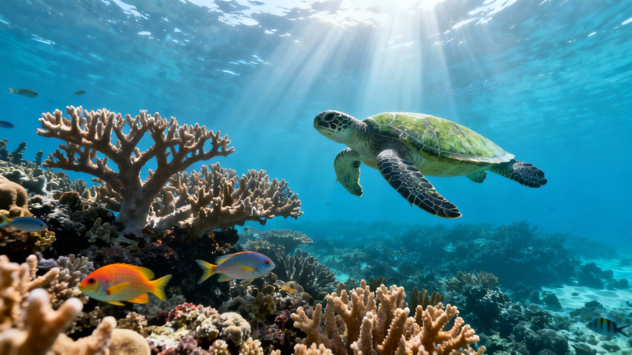 A green sea turtle swims gracefully above a colorful coral reef with fish and sun rays.