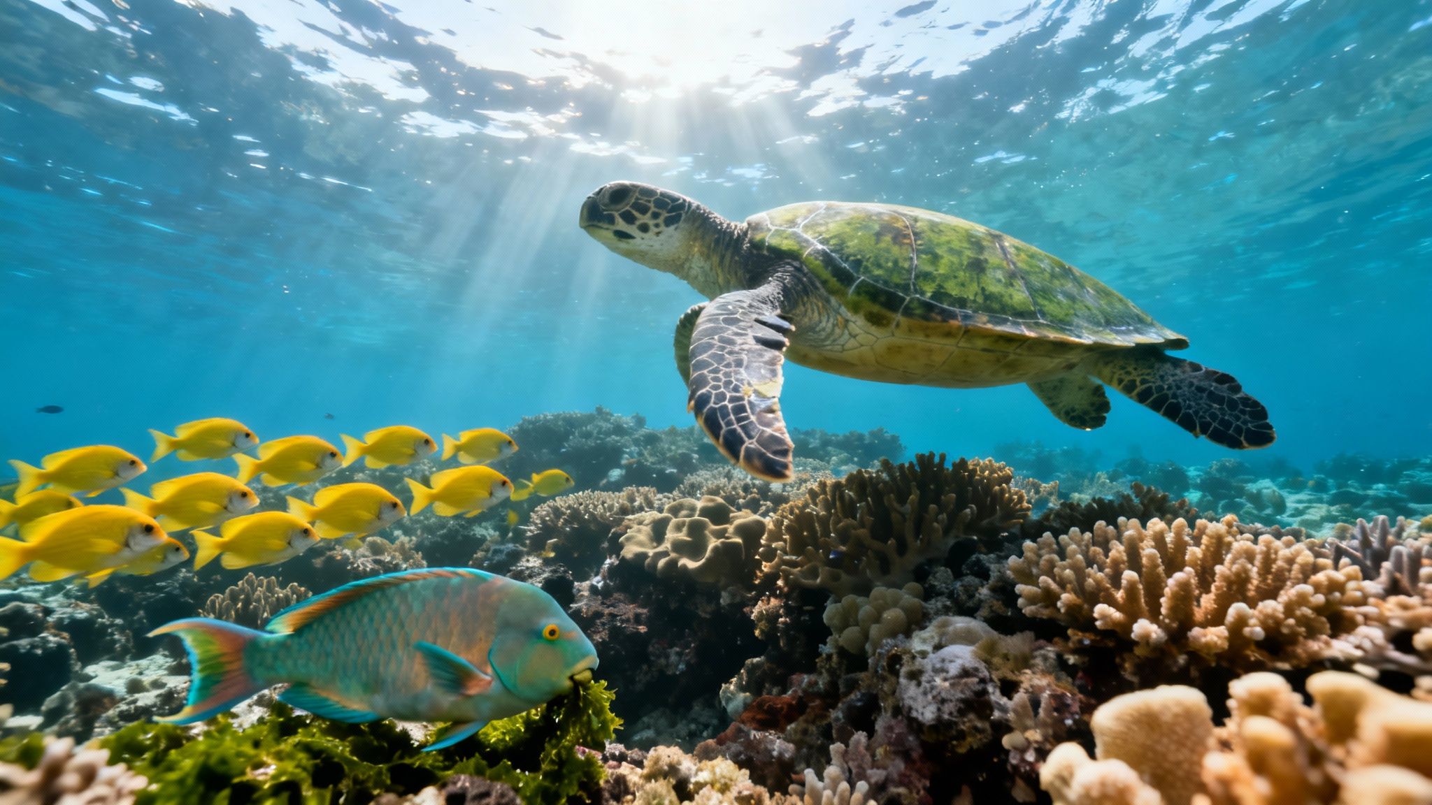 A majestic sea turtle swims above a vibrant coral reef with schools of tropical fish under sunlit water.