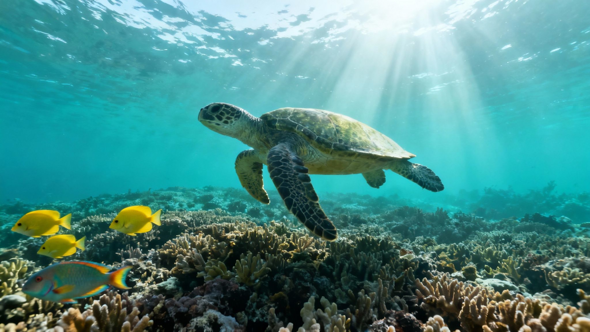 A majestic sea turtle swims over a vibrant coral reef, bathed in sunlight with fish.