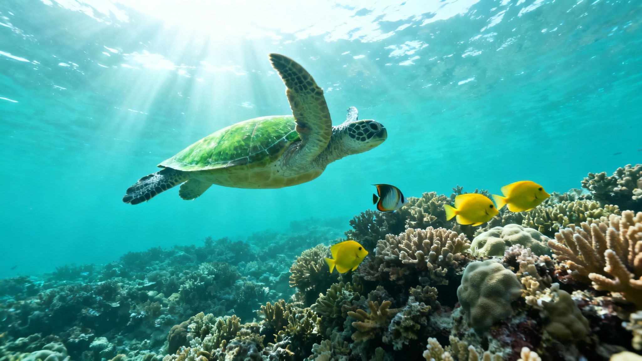 A vibrant underwater scene with a green sea turtle, yellow fish, and coral reef bathed in sunlight.