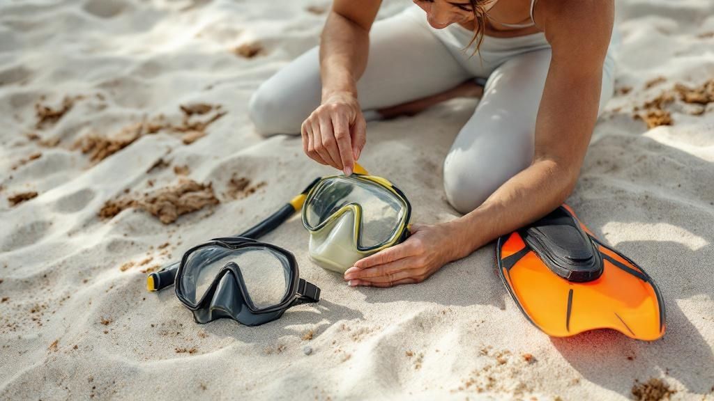 A snorkeler adjusting their mask strap before entering the water, demonstrating proper equipment fitting.