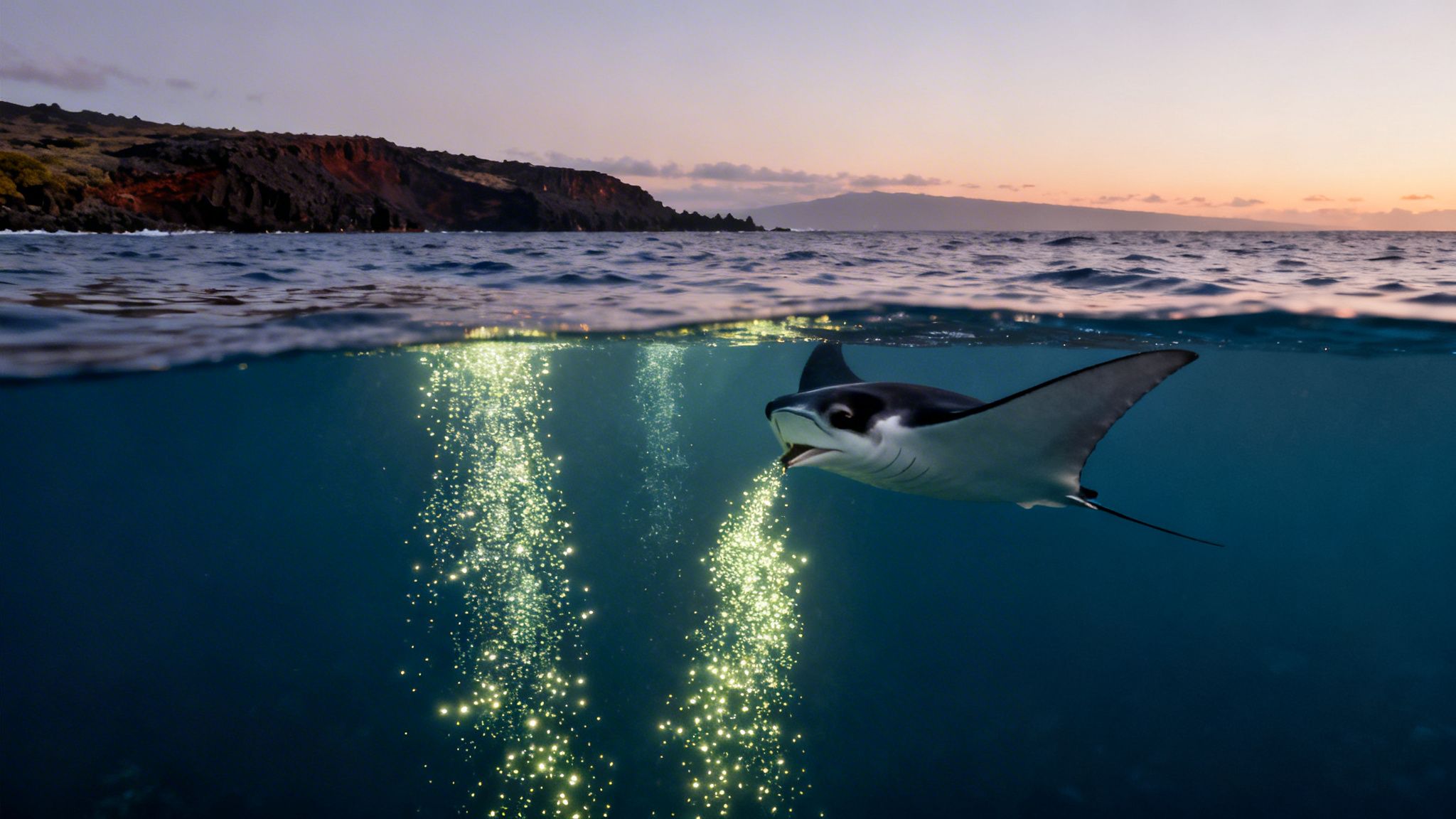 A half-underwater shot of a manta ray swimming at sunset with sparkling light and an island.