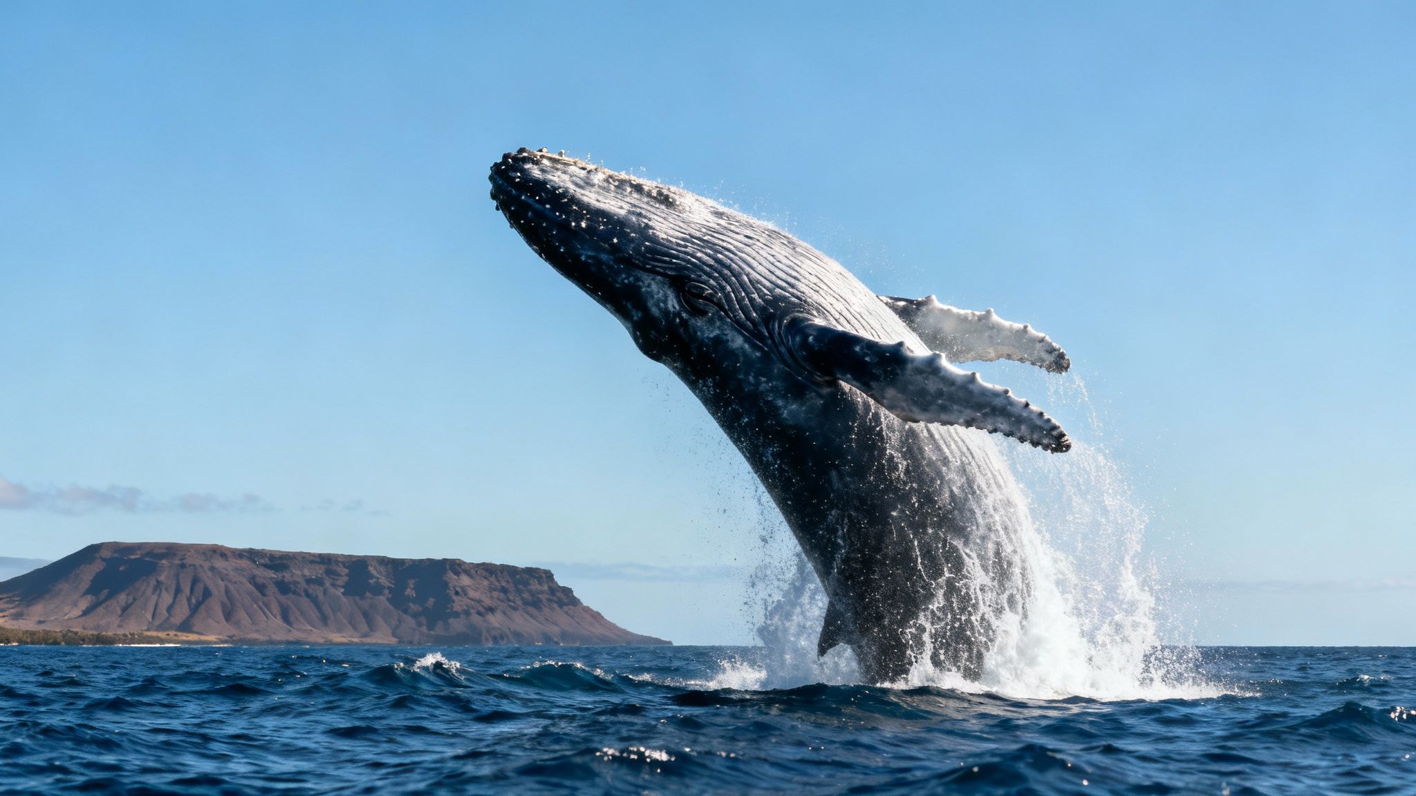 A humpback whale breaching spectacularly out of the ocean water.