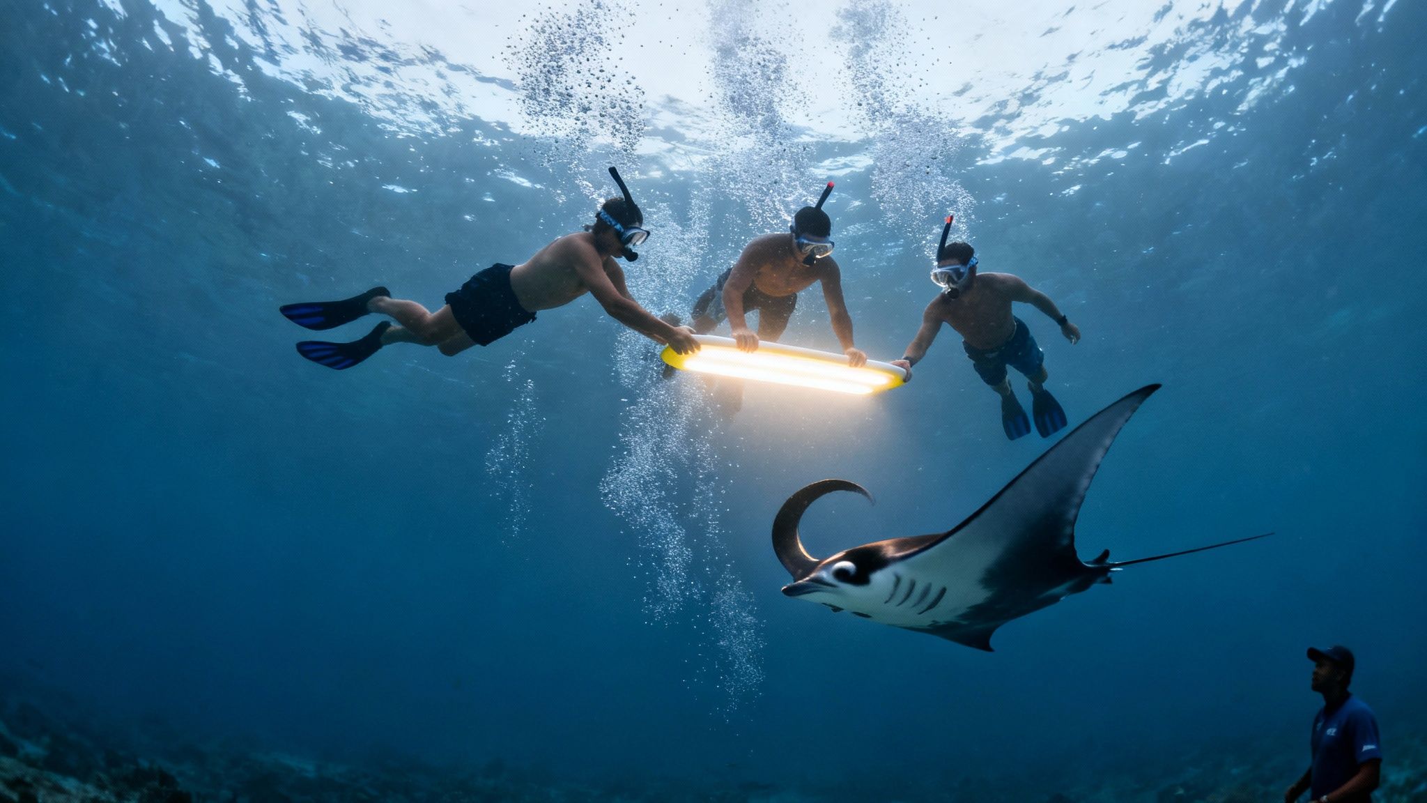 Three snorkelers with an illuminated bar encounter a majestic manta ray underwater at night.