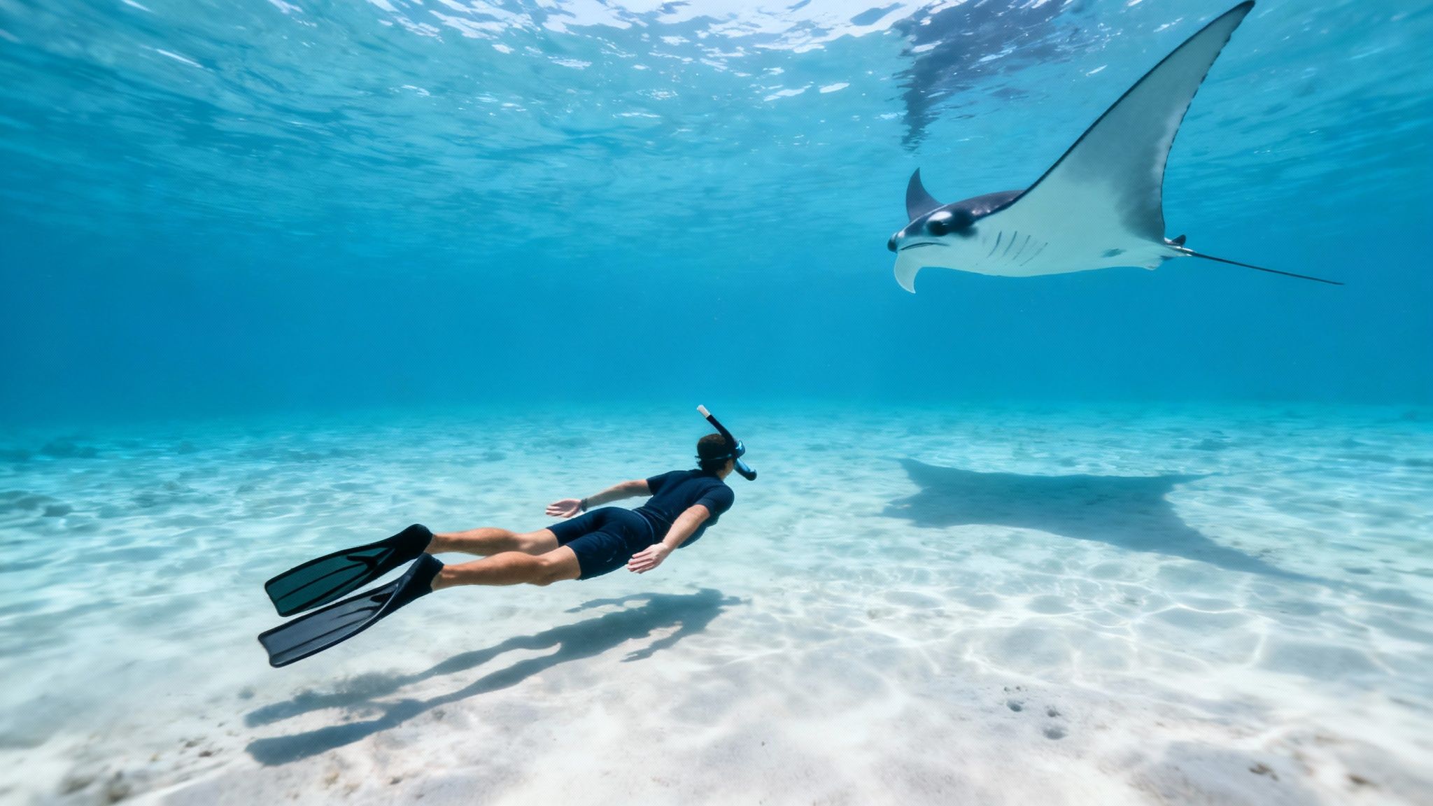 A group of snorkelers float calmly at the surface, observing a large manta ray feeding below them.