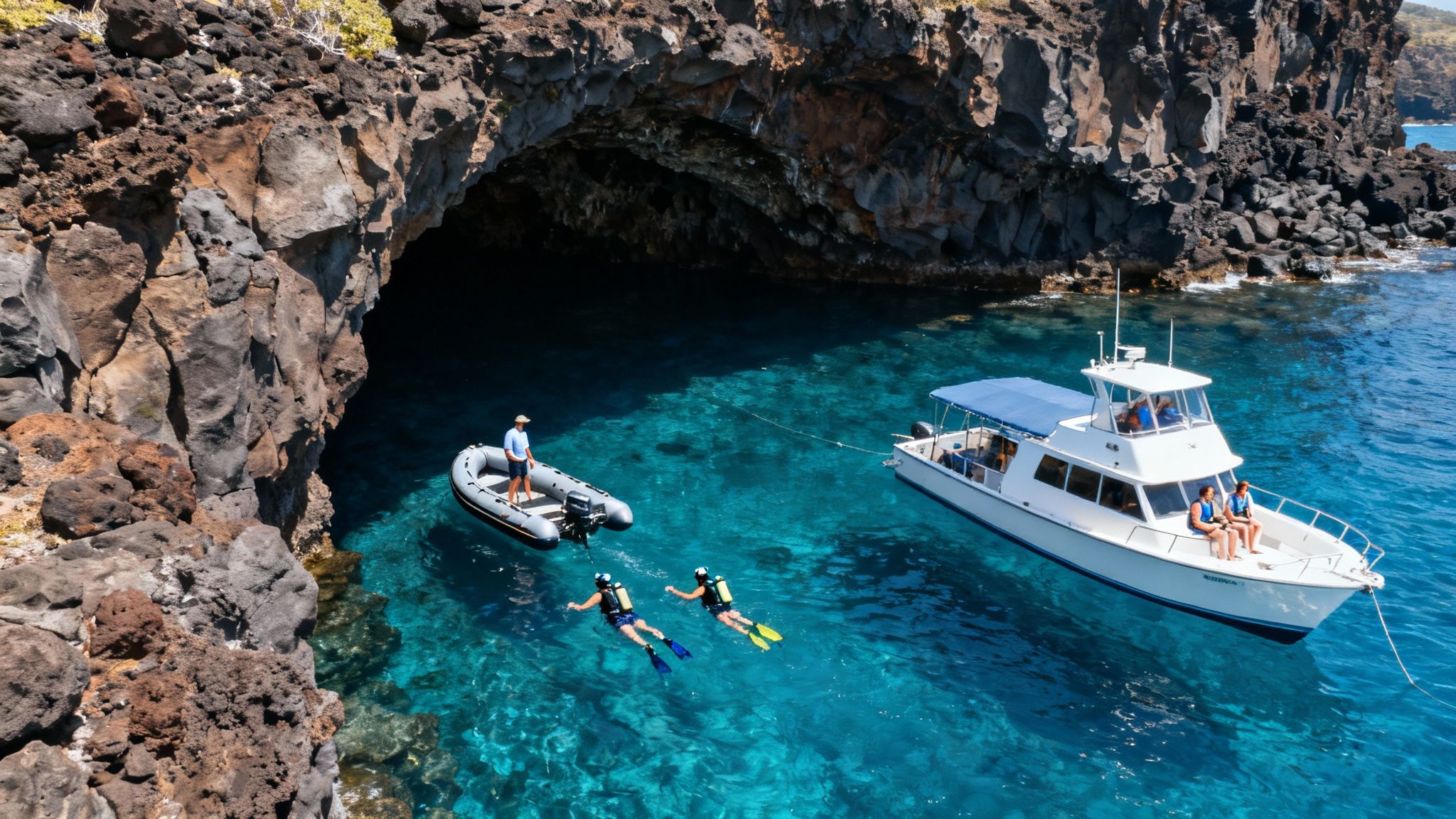 People snorkeling and boating near a rocky sea cave in crystal clear tropical water.