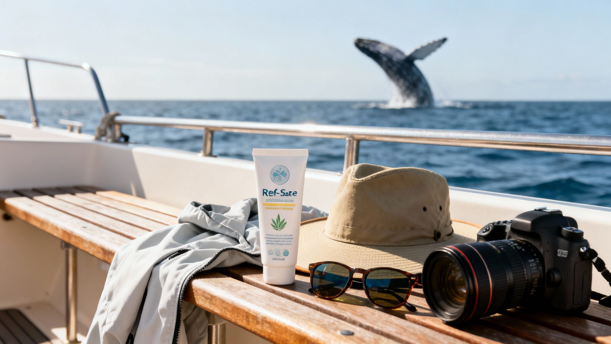 A tube of Ref-Sare cream, hat, sunglasses, camera on a boat deck with a breaching whale.