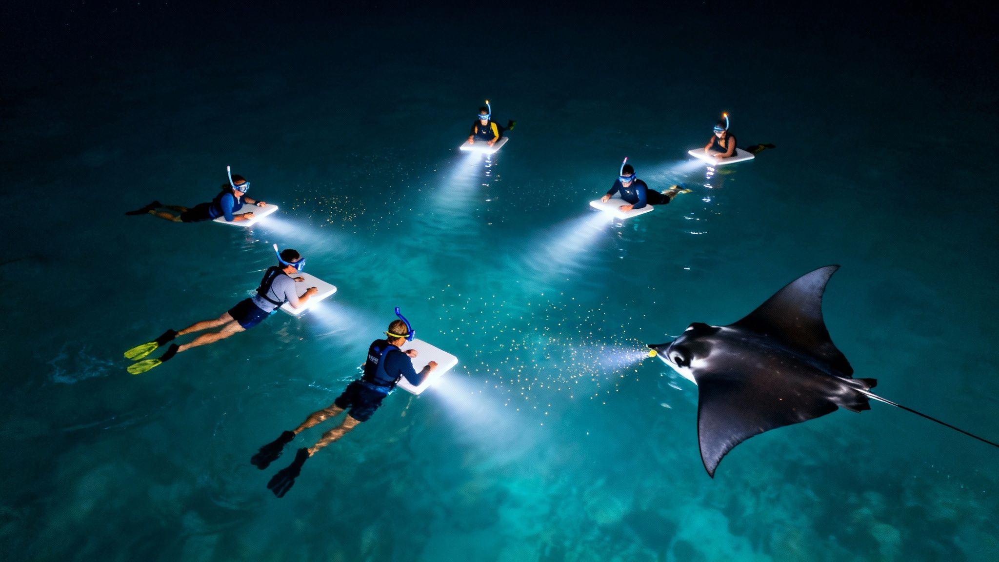 Night snorkeling tour with people on illuminated boards interacting with a manta ray.