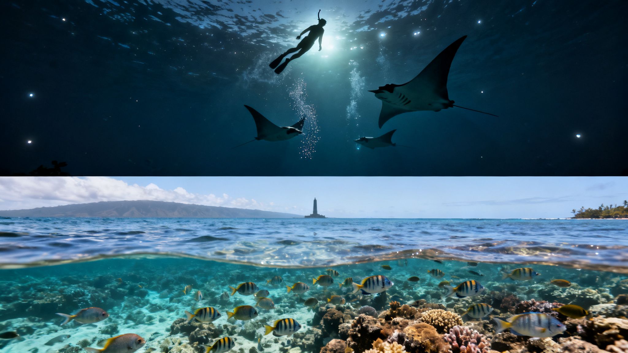 Ocean split shot: snorkeler and manta rays at night, vibrant coral reef and tropical fish by day.