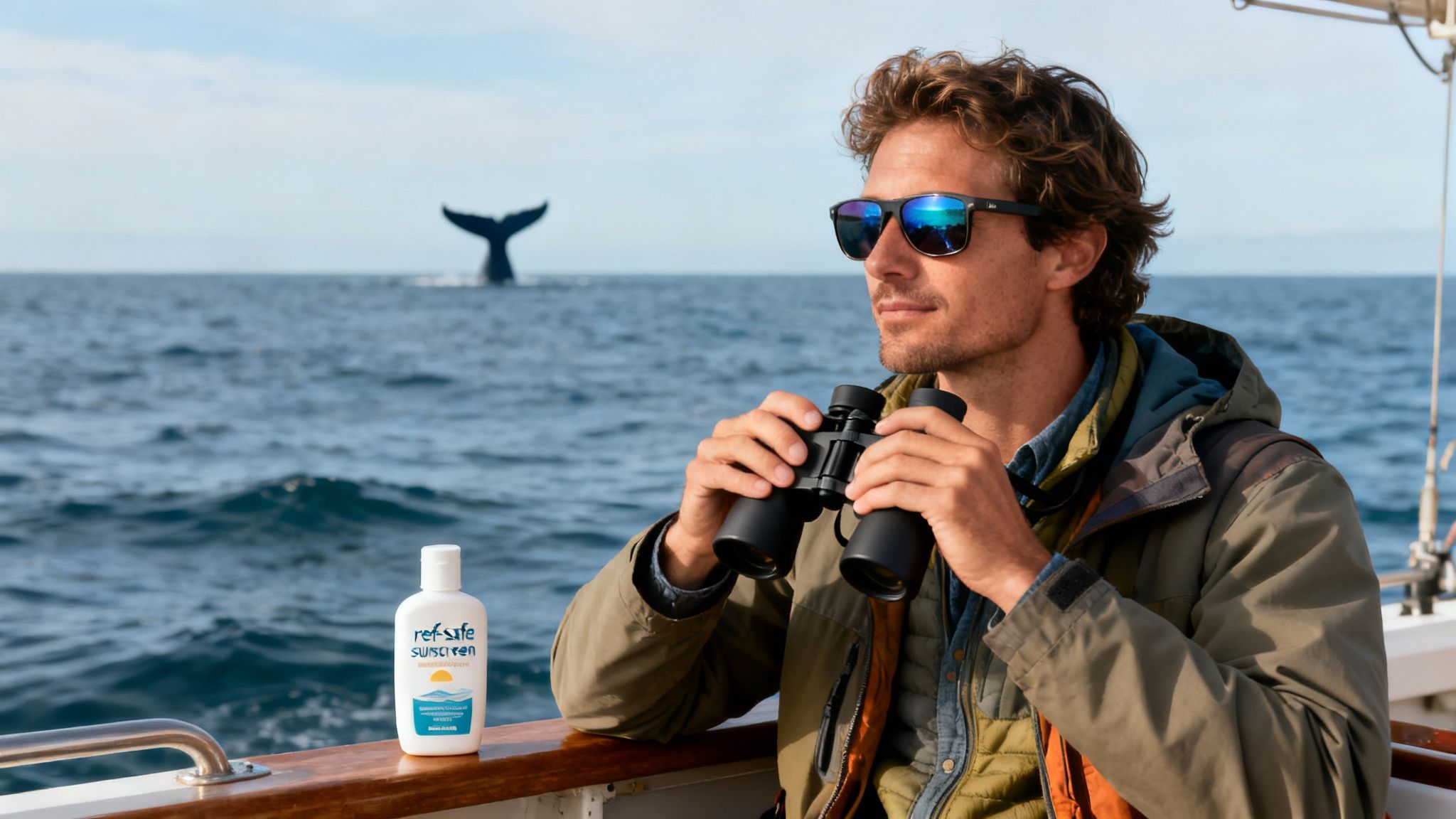Man on a boat with binoculars, watching a whale's tail in the ocean, with reef-safe sunscreen.